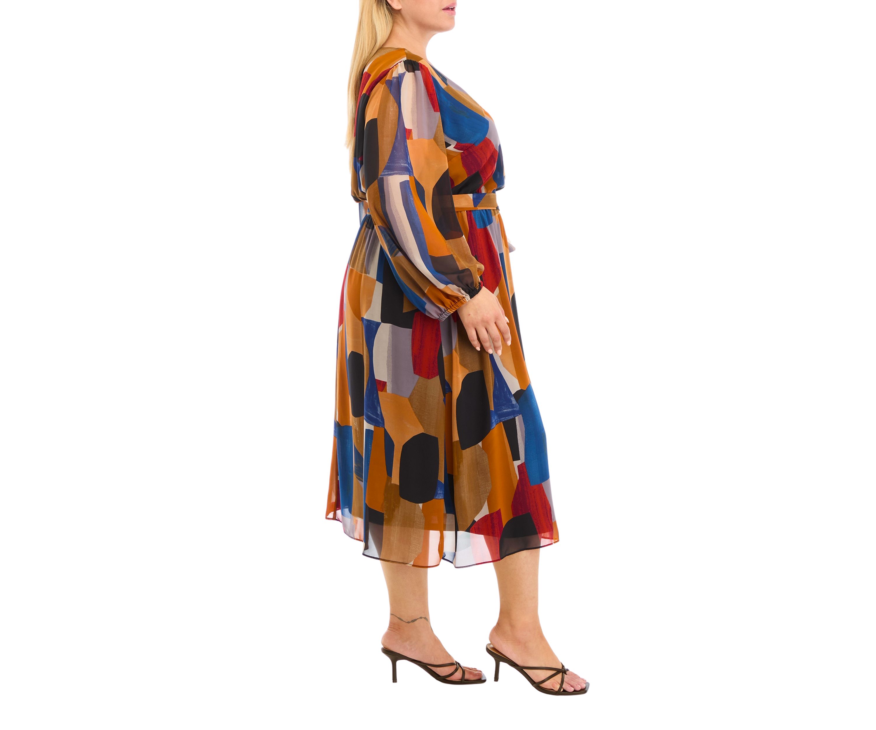 Womens Blouson Sleeve V-Neck Printed Dress