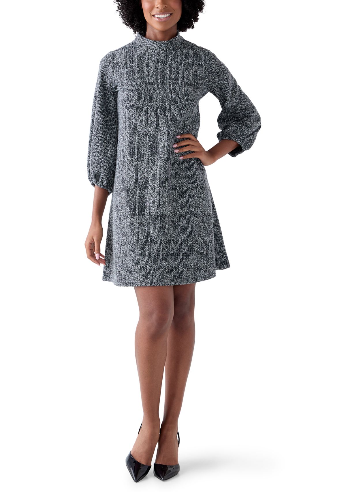 Womens Mock Neck Solid Bouclé Dress
