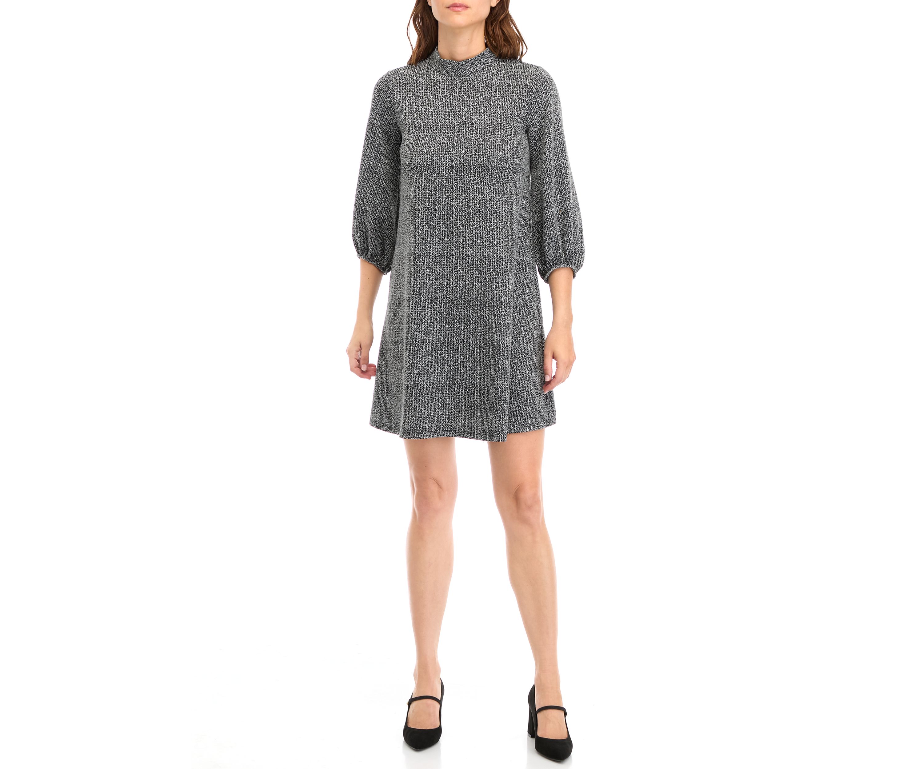 Womens 3/4 Puff Sleeve Solid Knit A-Line Dress