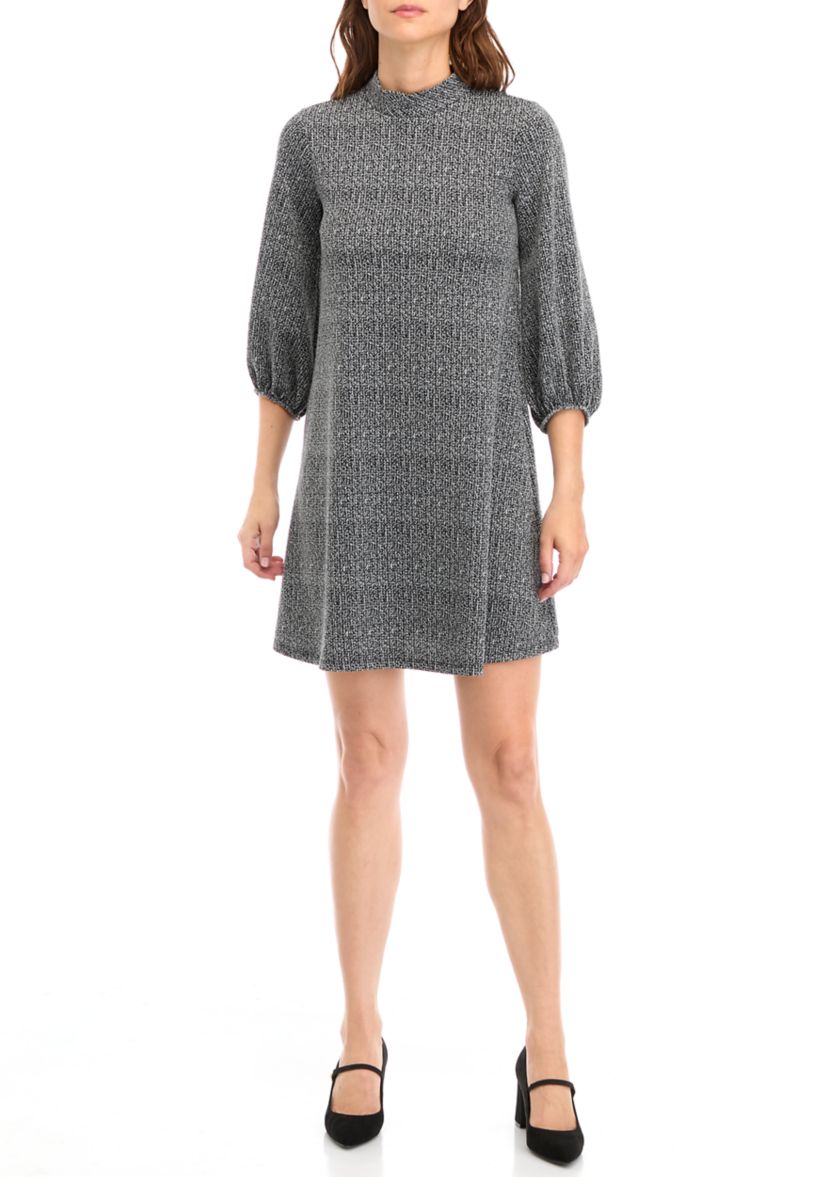 Womens 3/4 Puff Sleeve Solid Knit A-Line Dress