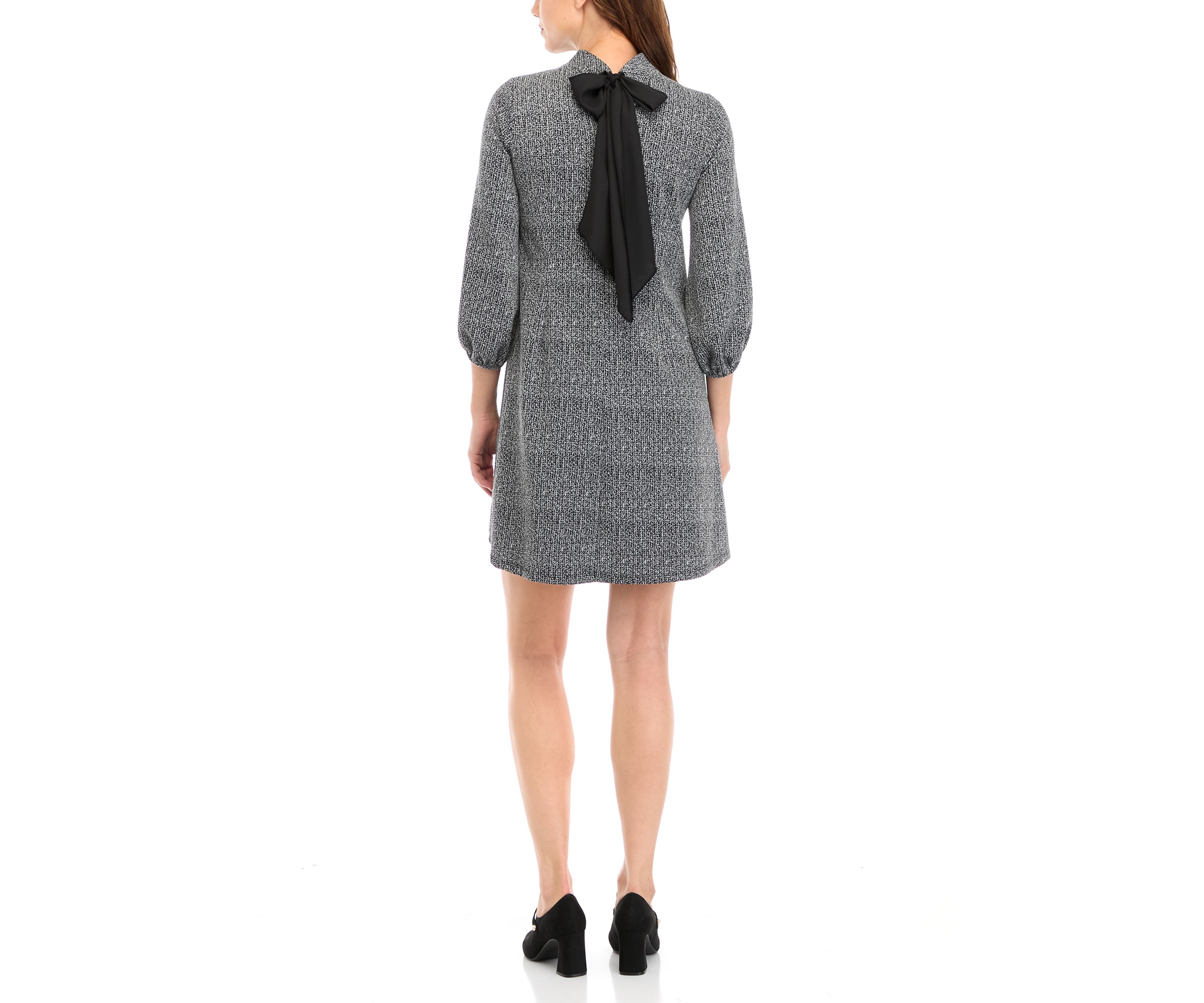 Womens 3/4 Puff Sleeve Solid Knit A-Line Dress