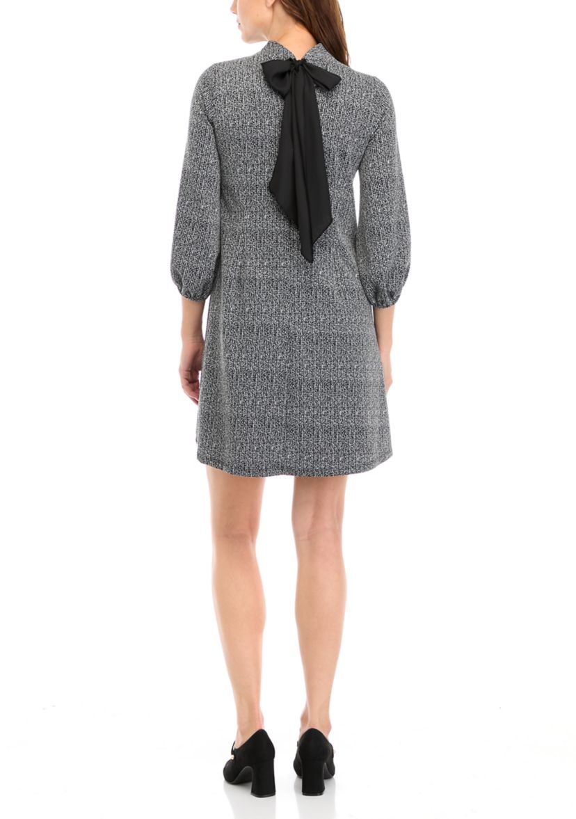 Womens 3/4 Puff Sleeve Solid Knit A-Line Dress