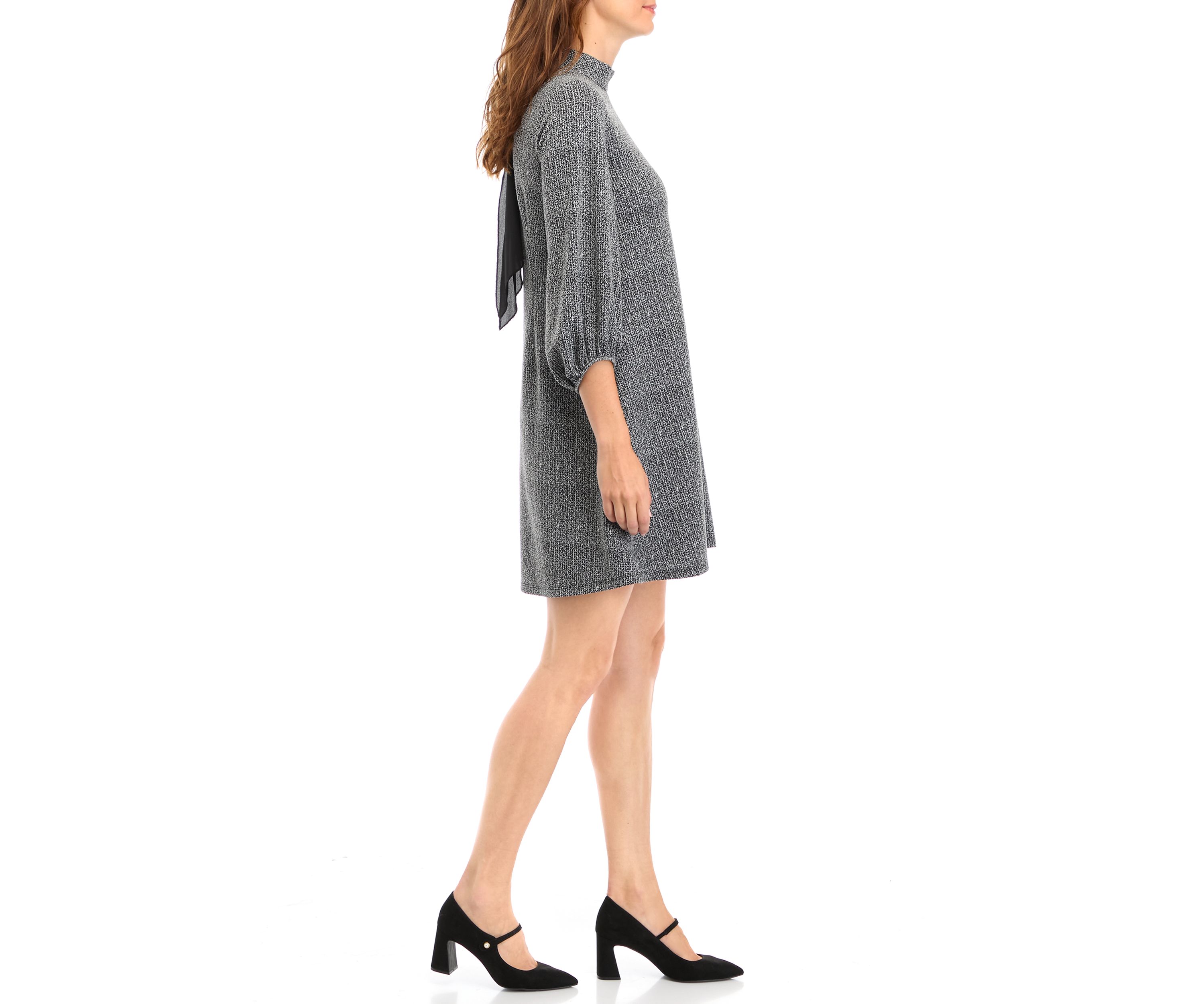 Womens 3/4 Puff Sleeve Solid Knit A-Line Dress