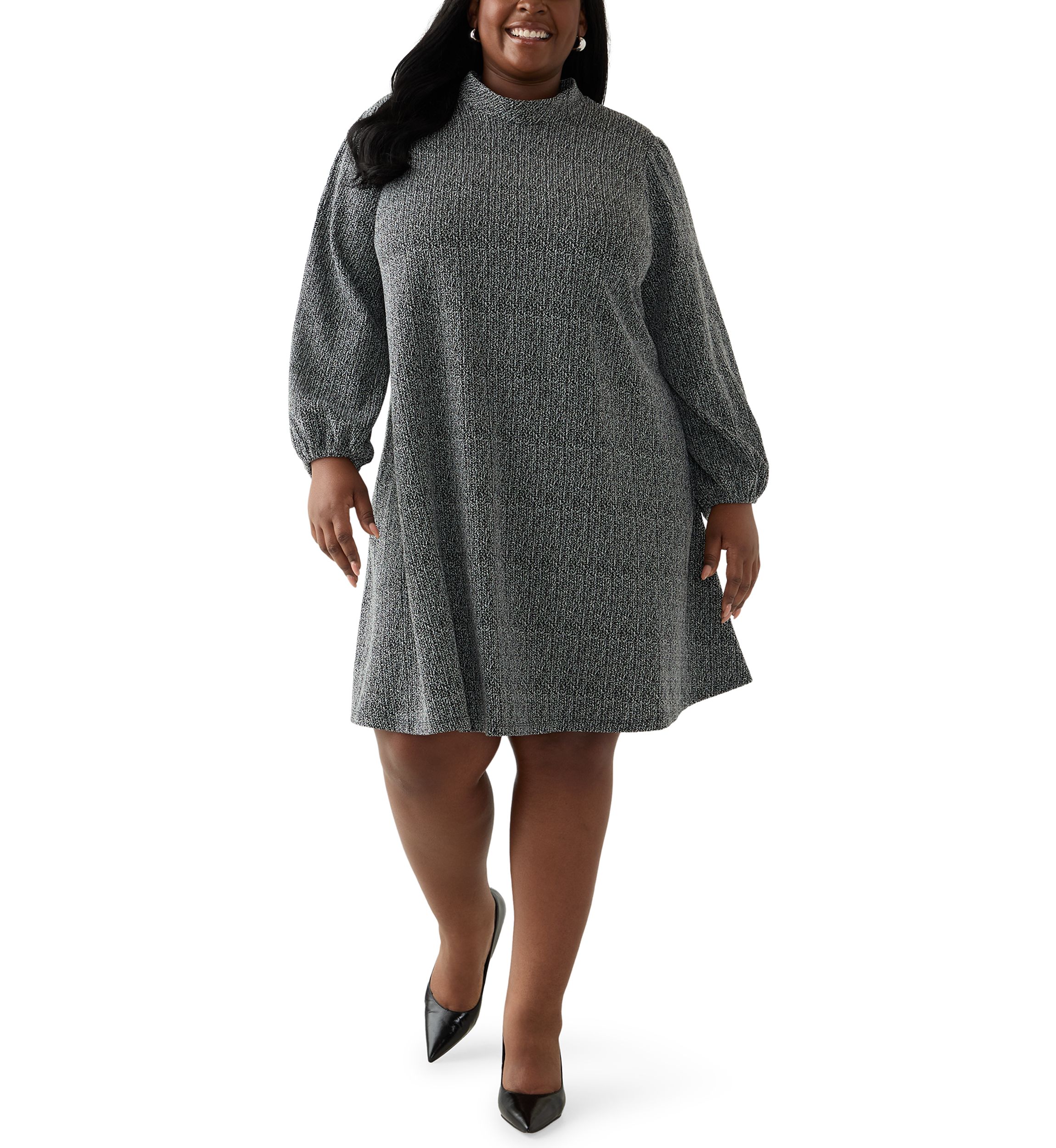 Plus Size Mock Neck A-Line Bouclé Dress