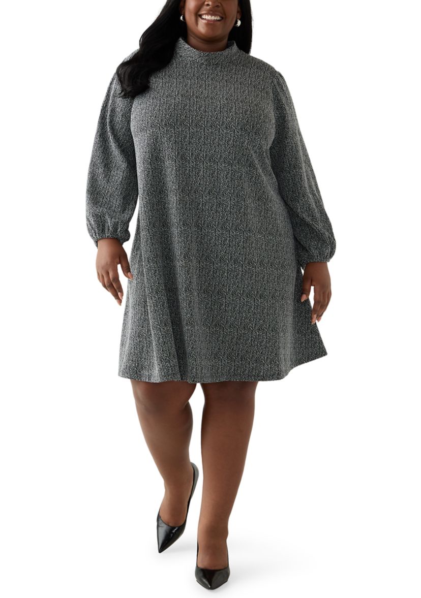 Plus Size Mock Neck A-Line Bouclé Dress