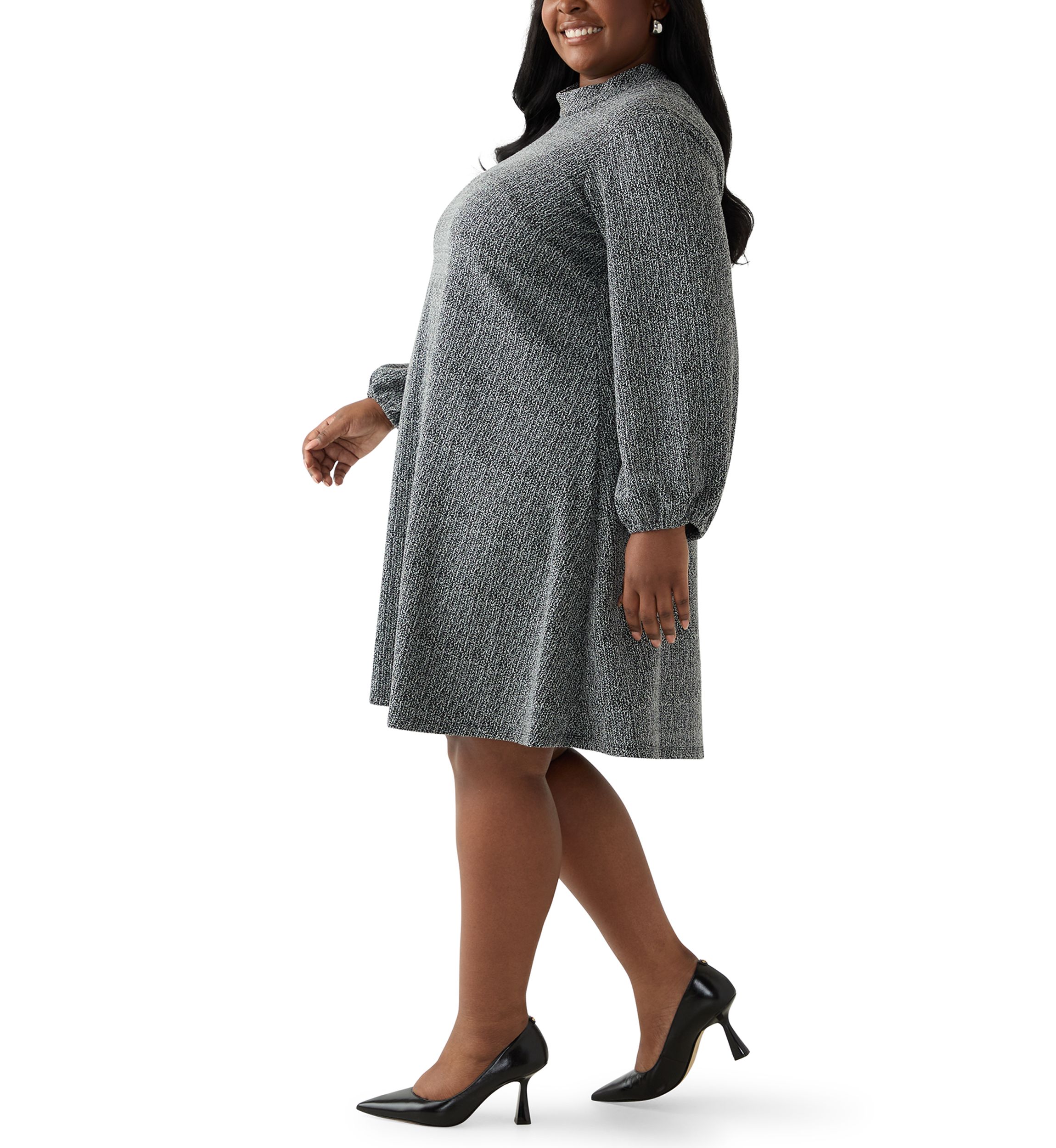 Plus Size Mock Neck A-Line Bouclé Dress