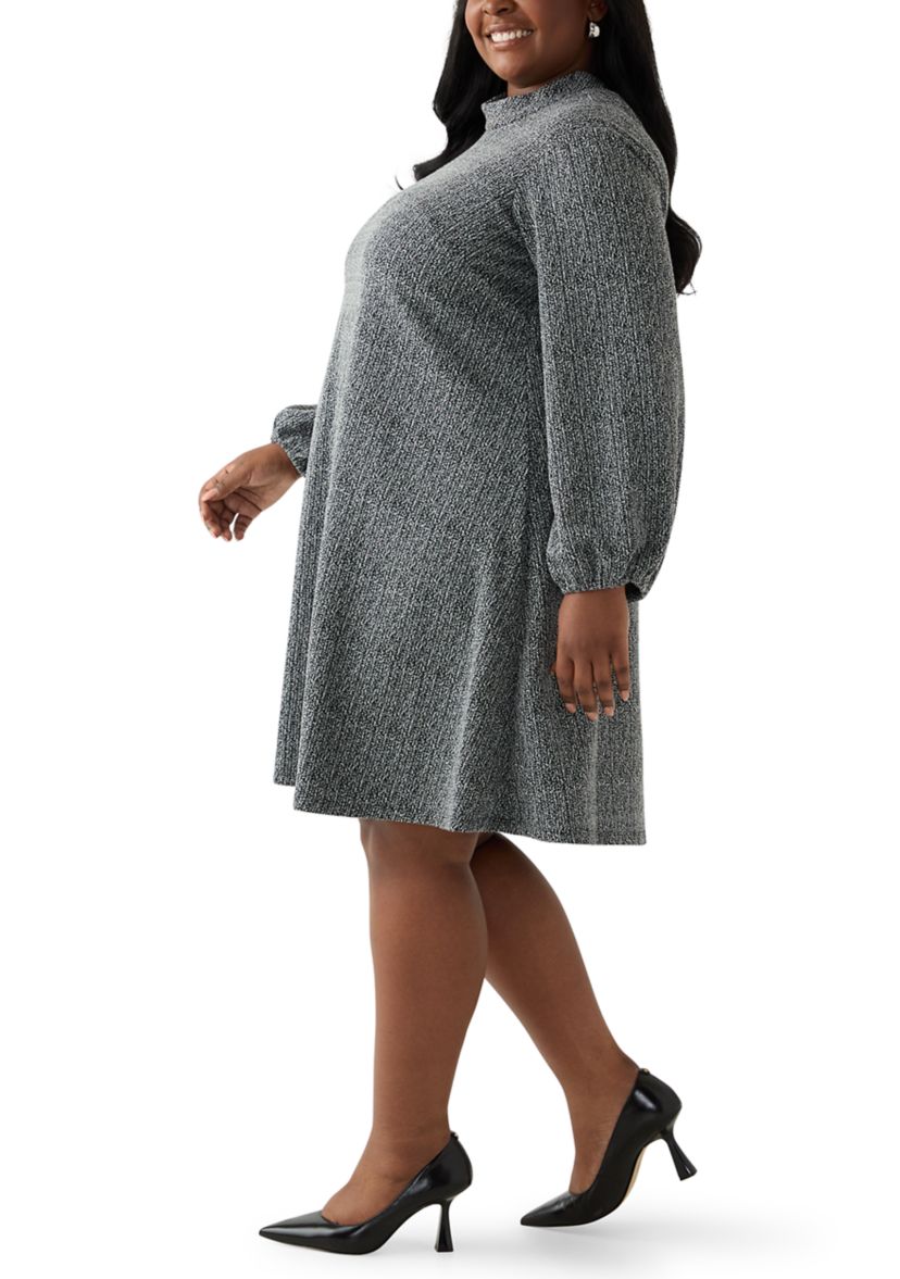 Plus Size Mock Neck A-Line Bouclé Dress