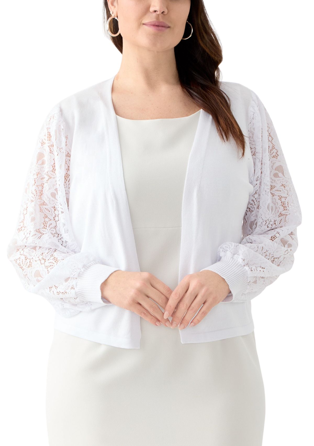 Plus Size Long Lace Sleeve Flat Knit Cardigan