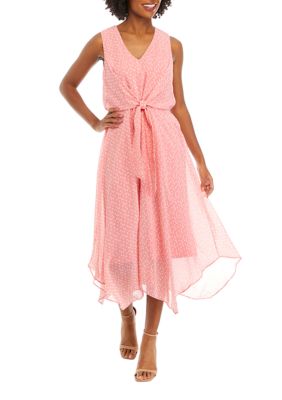 Women's Sleeveless V-Neck Solid Front Tie Dot Chiffon Dress