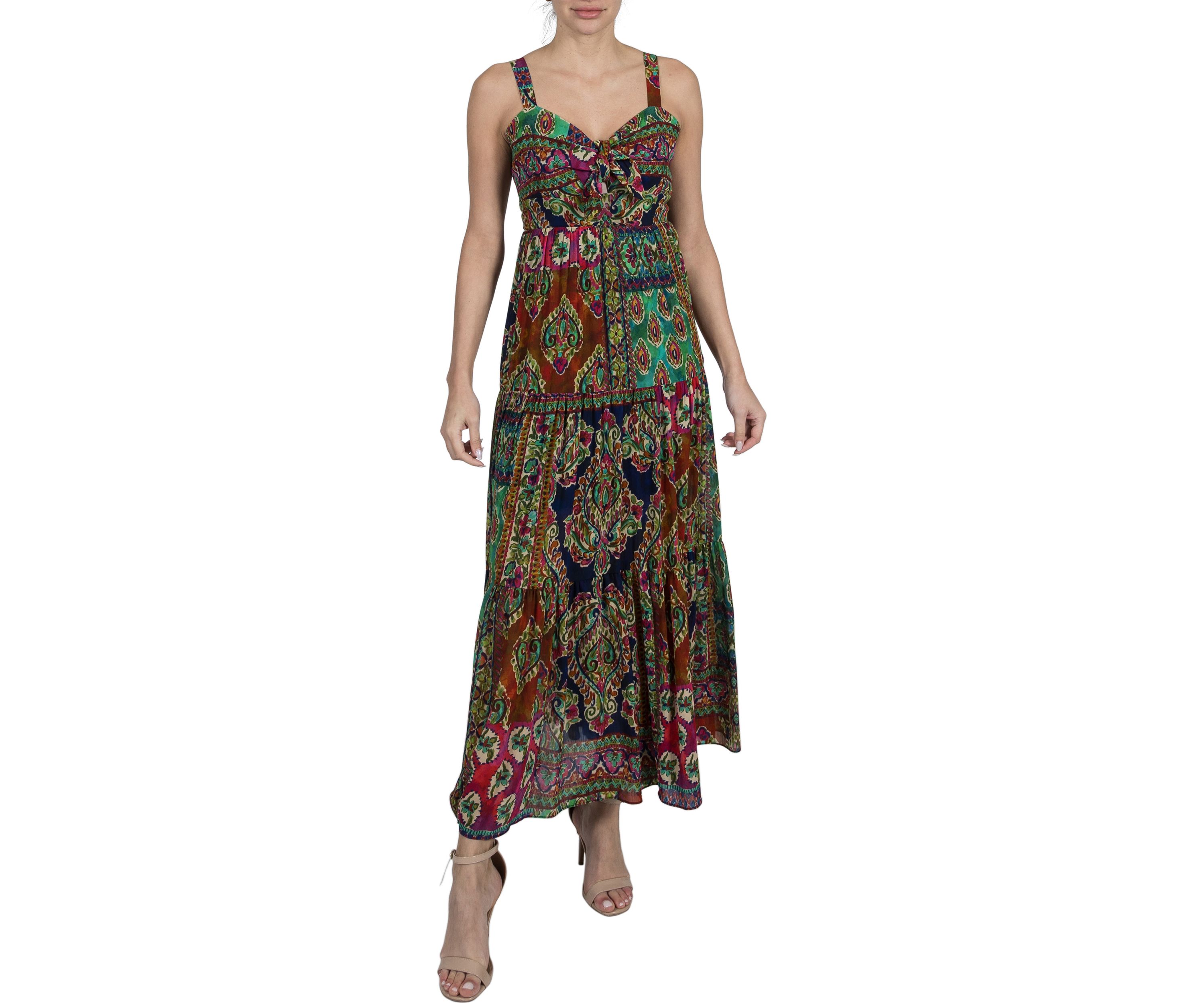 Womens Sleeveless V-Neck Printed A-Line Maxi Dress