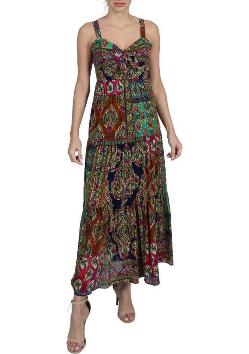 Womens Sleeveless V-Neck Printed A-Line Maxi Dress