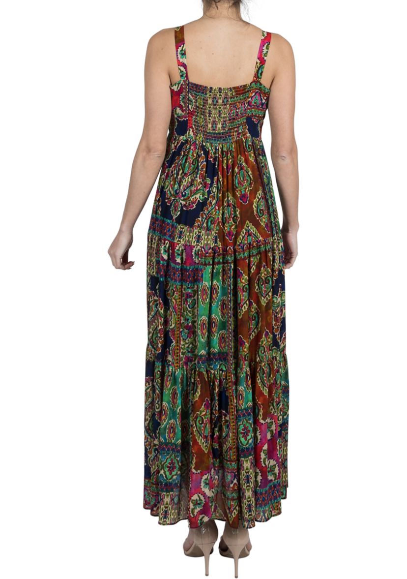 Womens Sleeveless V-Neck Printed A-Line Maxi Dress