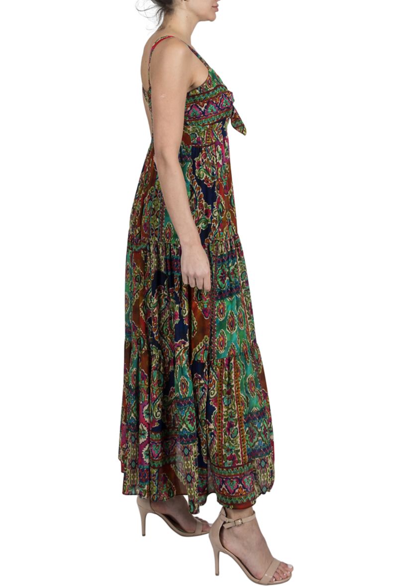 Womens Sleeveless V-Neck Printed A-Line Maxi Dress