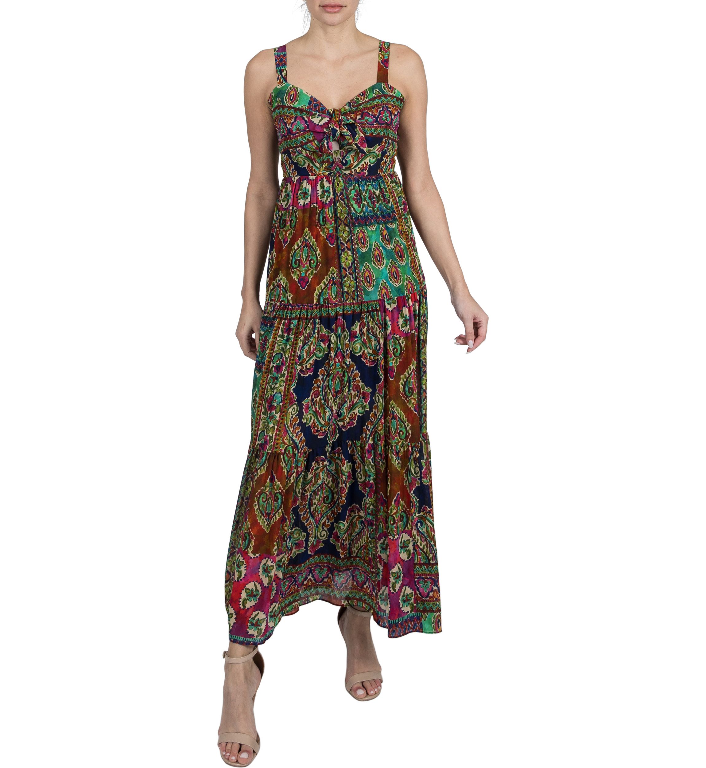 Womens Sleeveless V-Neck Printed A-Line Maxi Dress
