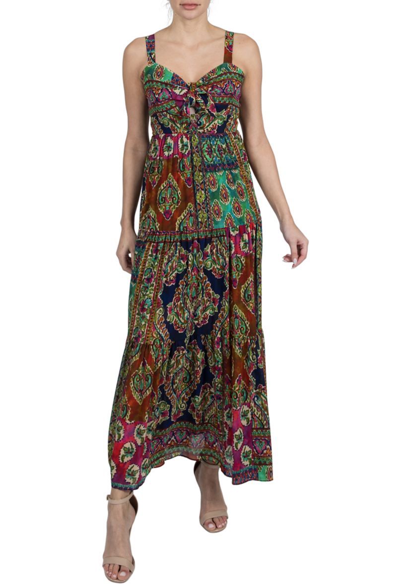 Womens Sleeveless V-Neck Printed A-Line Maxi Dress