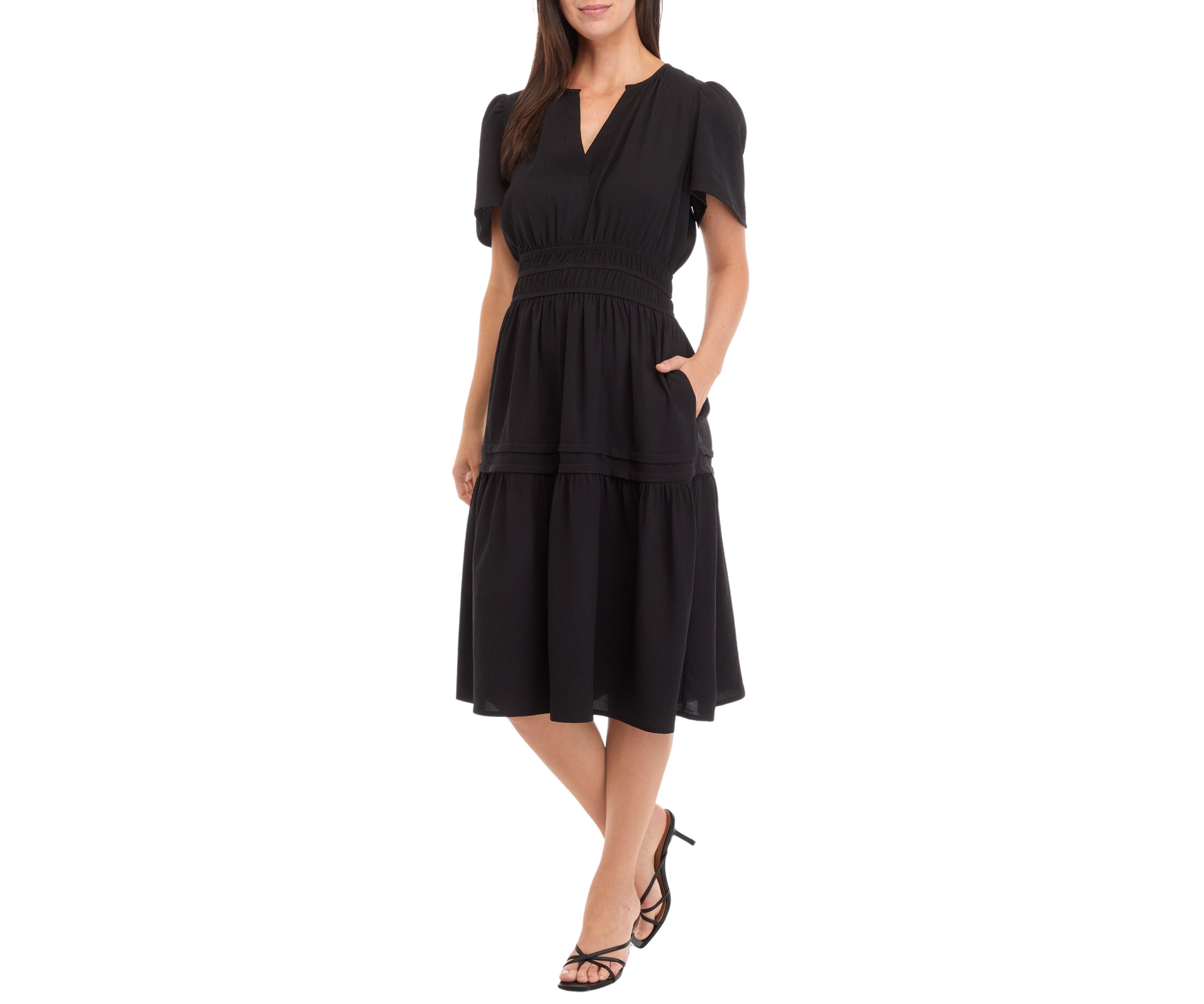 Womens Puff Sleeve Tie Waist Fit and Flare Dress