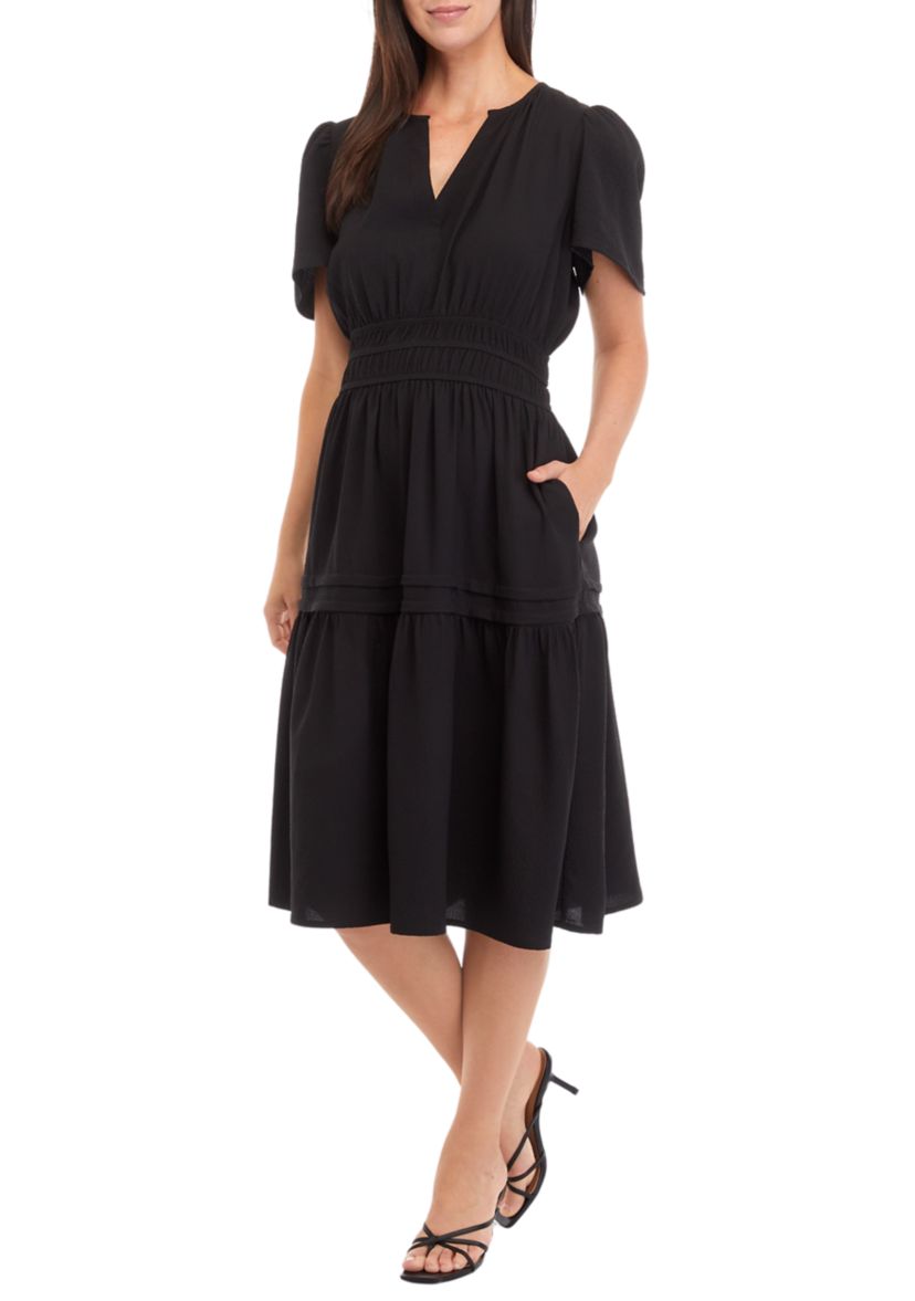 Womens Puff Sleeve Tie Waist Fit and Flare Dress
