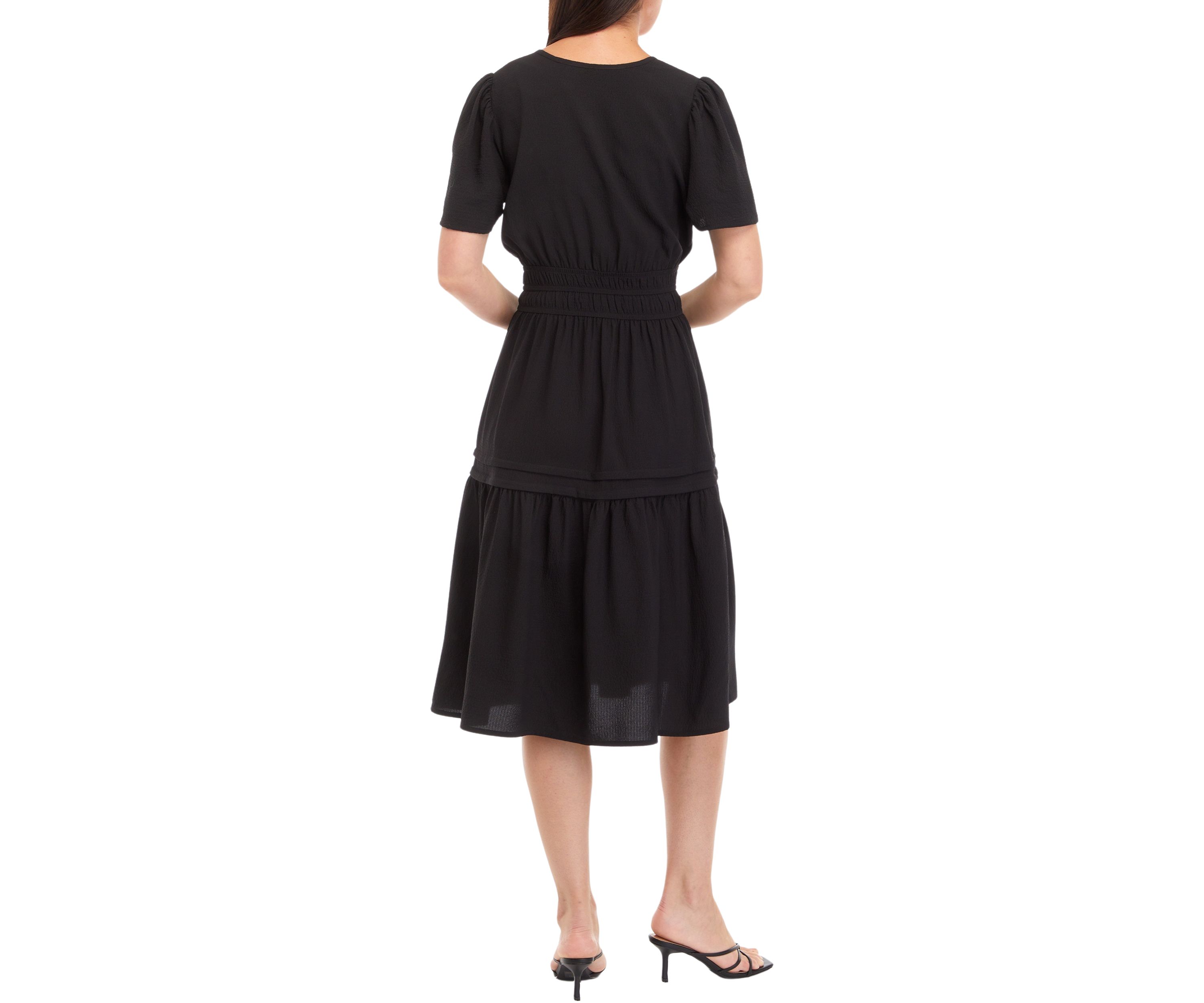 Womens Puff Sleeve Tie Waist Fit and Flare Dress