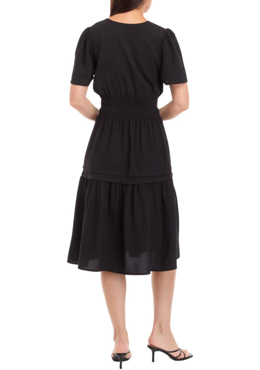 Womens Puff Sleeve Tie Waist Fit and Flare Dress