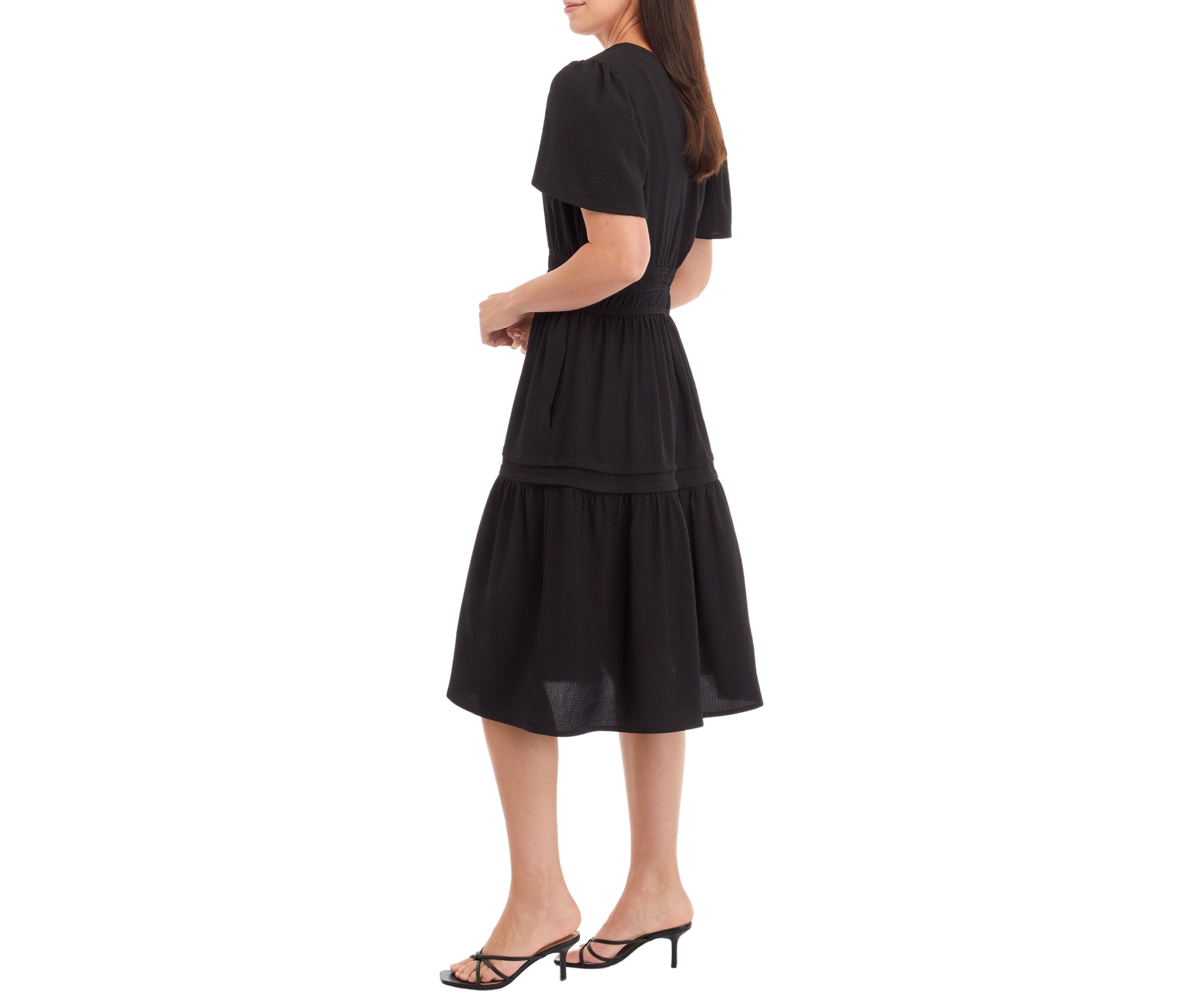 Womens Puff Sleeve Tie Waist Fit and Flare Dress