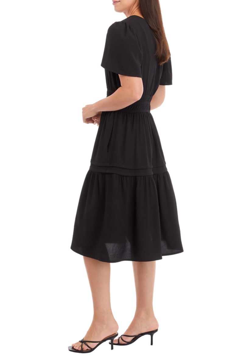 Womens Puff Sleeve Tie Waist Fit and Flare Dress