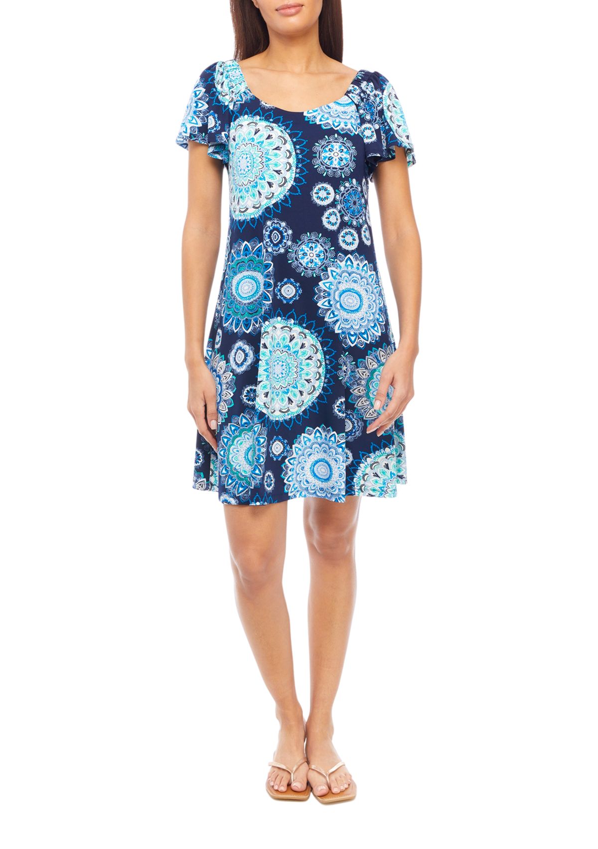   Womens Flutter Sleeve Scoop Neck A-Line Dress 