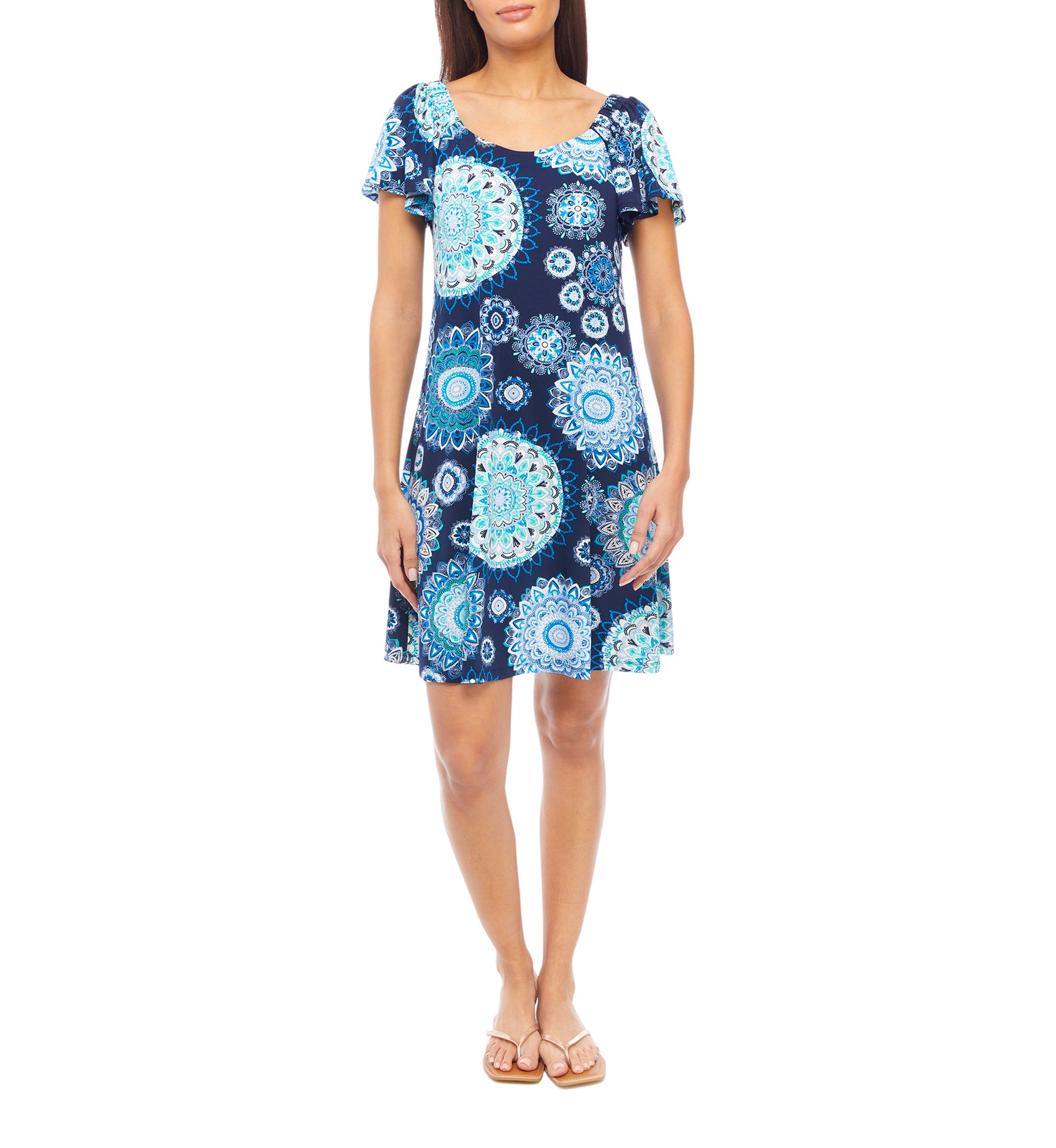   Womens Flutter Sleeve Scoop Neck A-Line Dress 