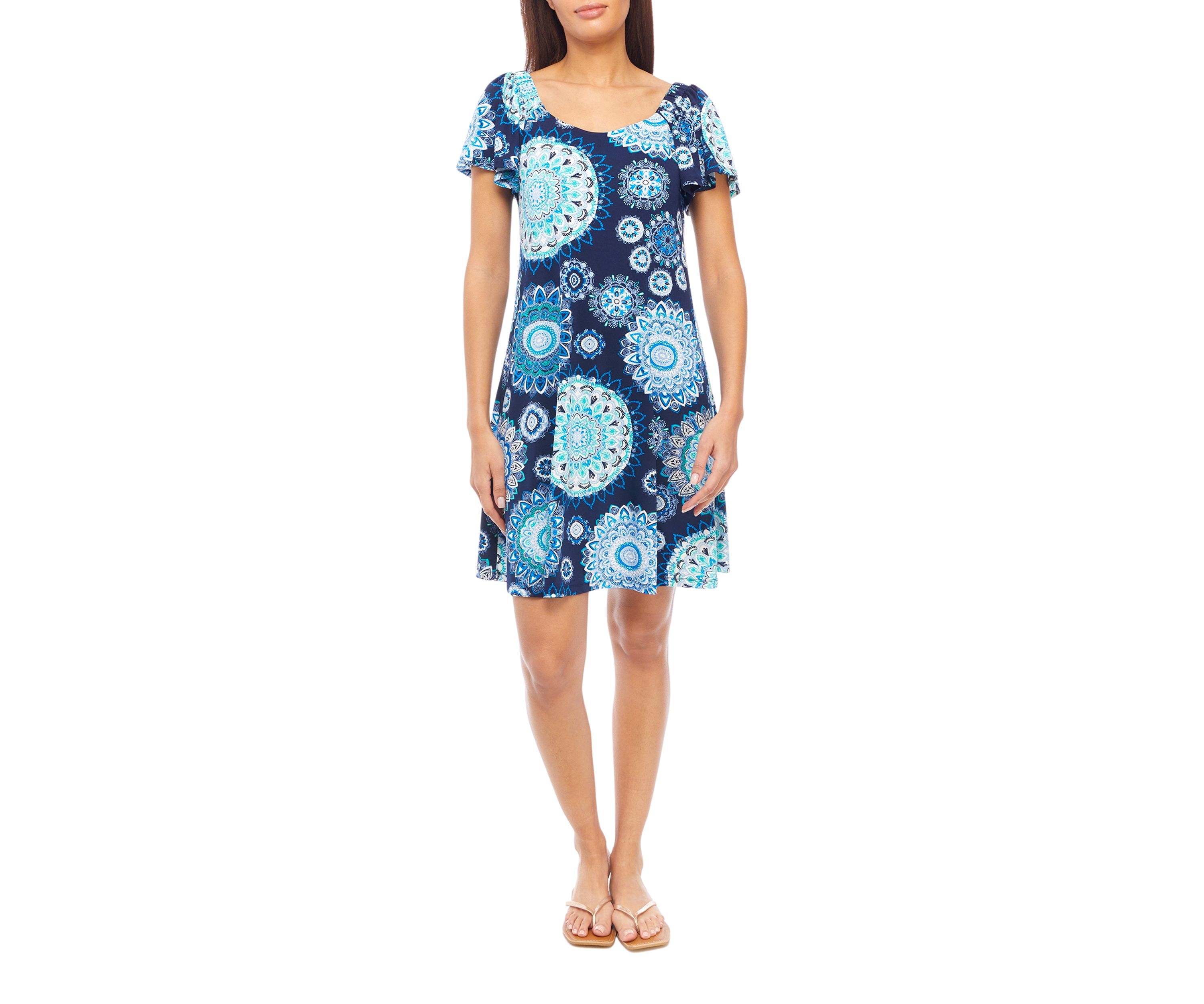   Womens Flutter Sleeve Scoop Neck A-Line Dress 