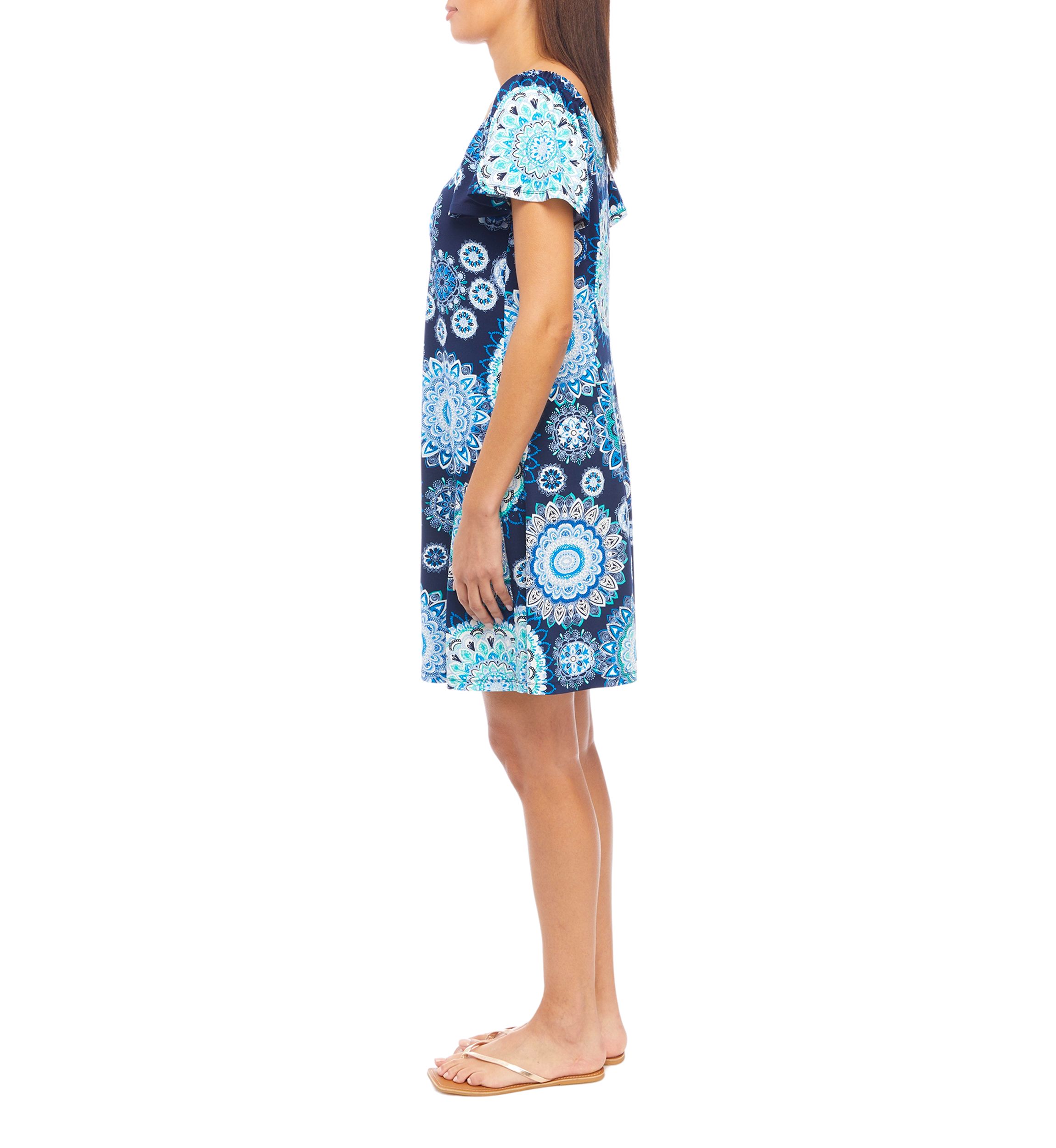   Womens Flutter Sleeve Scoop Neck A-Line Dress 