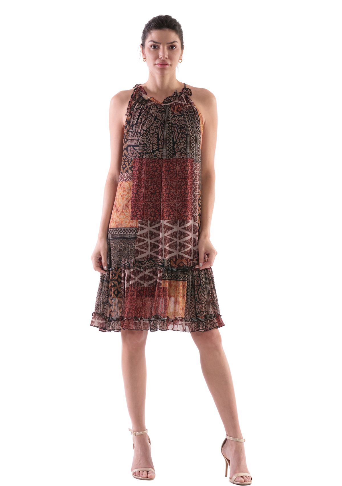 Womens Sleeveless Halter Animal Print A-Line Dress