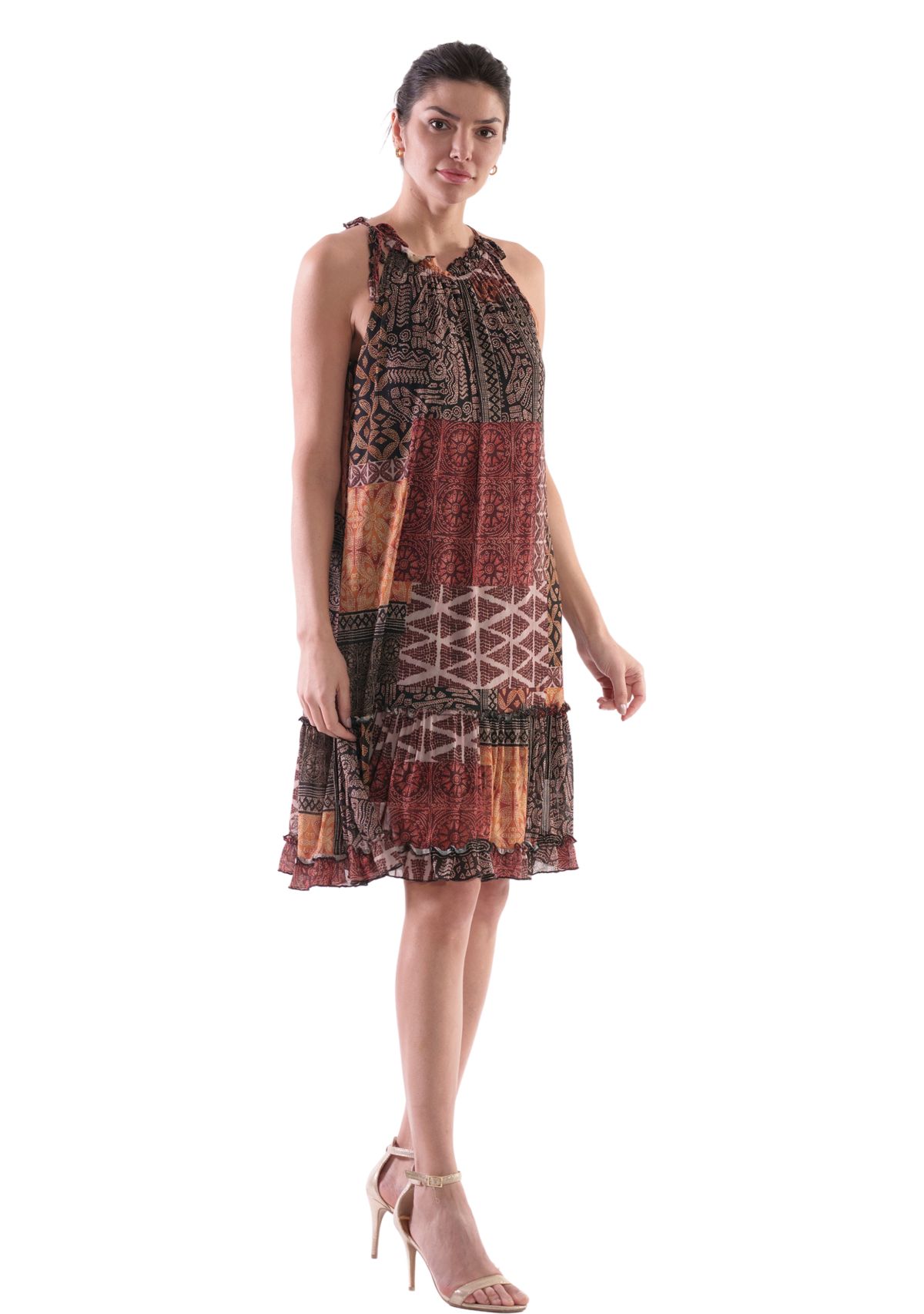 Womens Sleeveless Halter Animal Print A-Line Dress