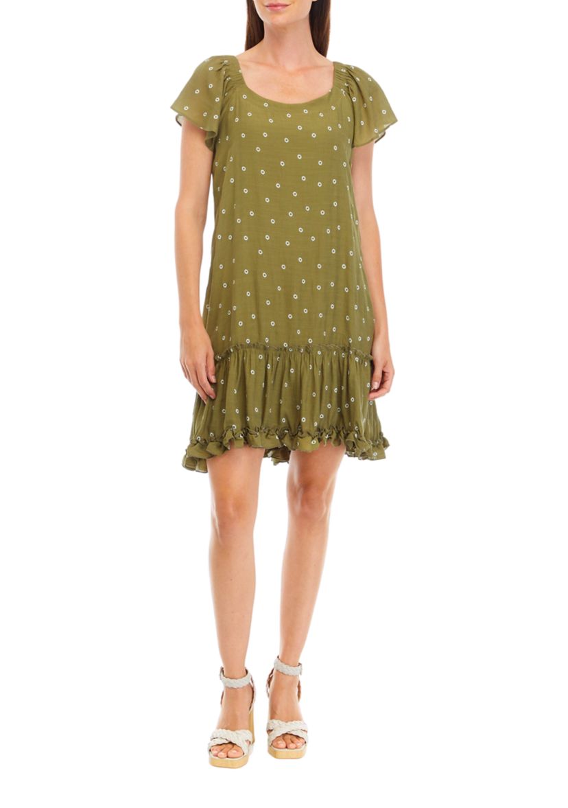 Womens Flutter Sleeve Scoop Neck Printed A-Line Dress