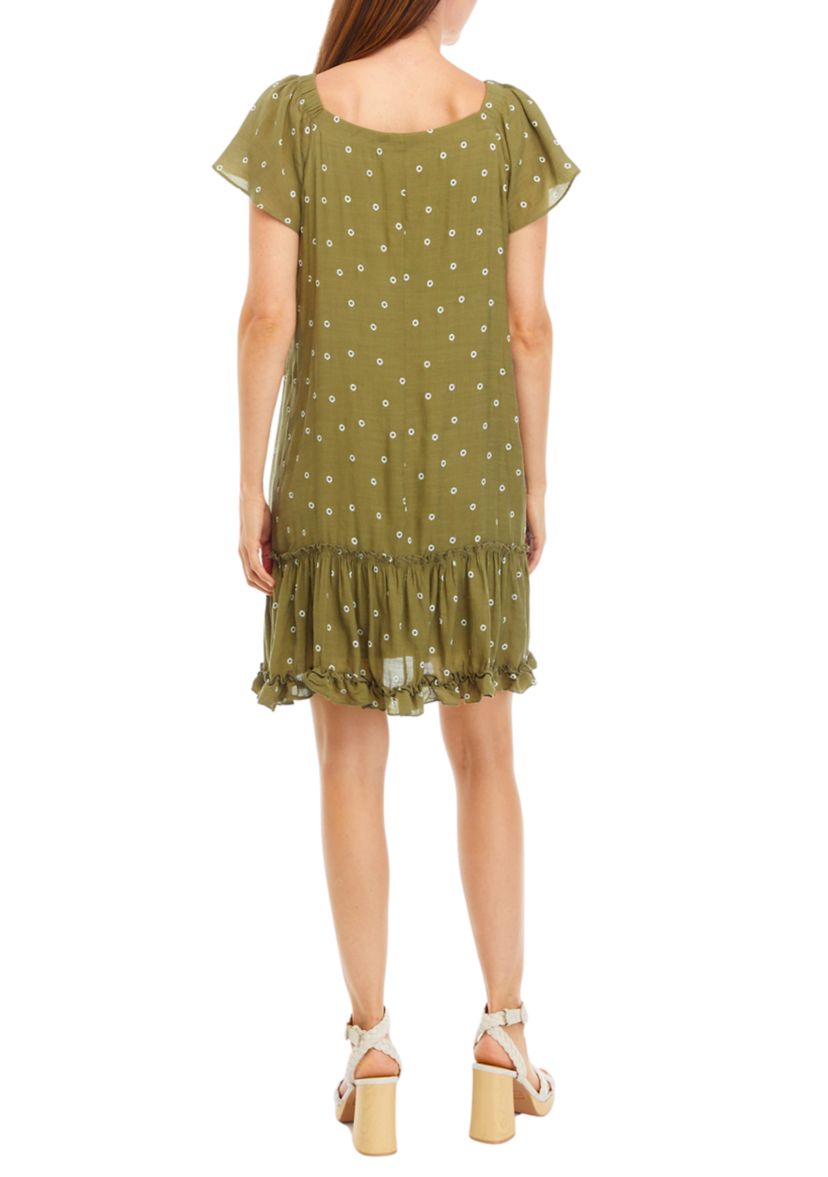 Womens Flutter Sleeve Scoop Neck Printed A-Line Dress