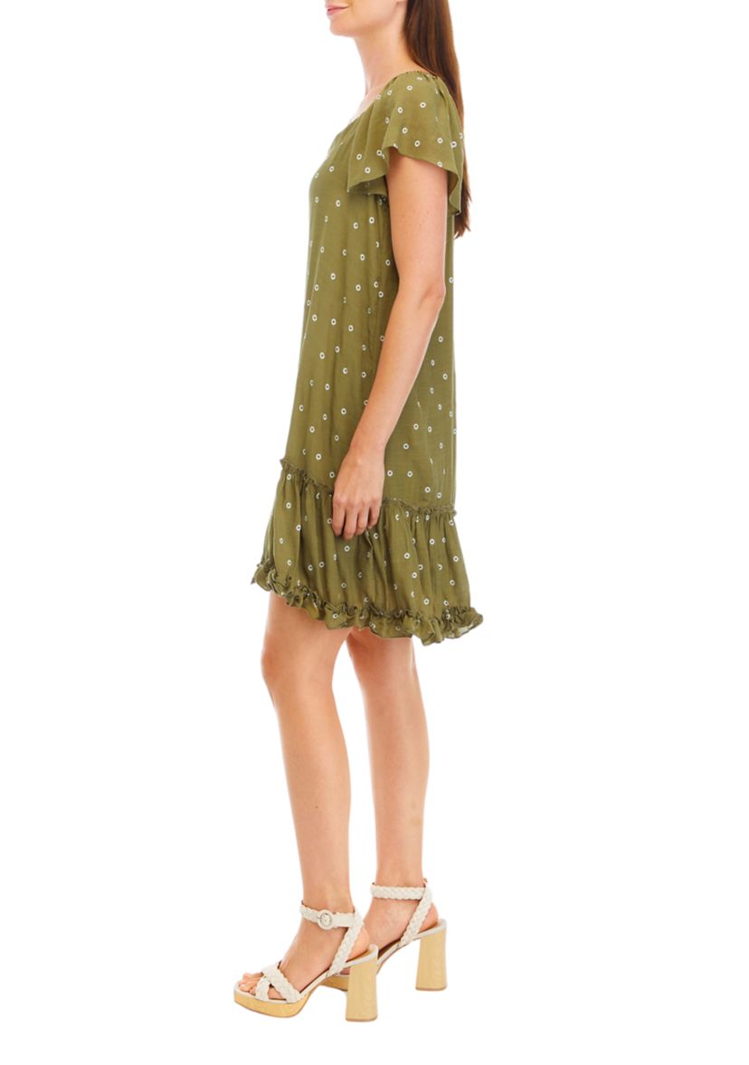Womens Flutter Sleeve Scoop Neck Printed A-Line Dress