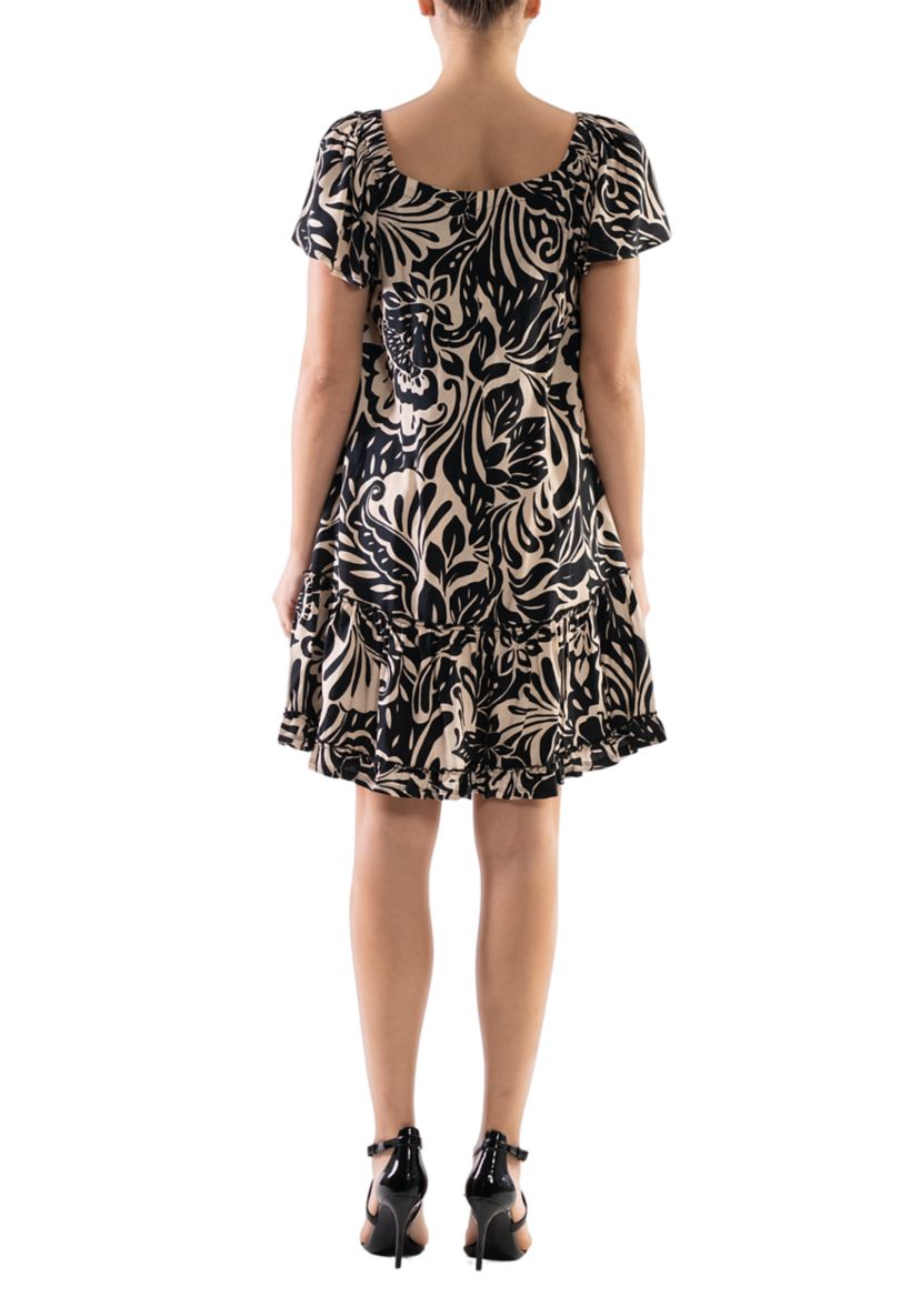Womens Short Sleeve Scoop Neck Printed Gauze Dress