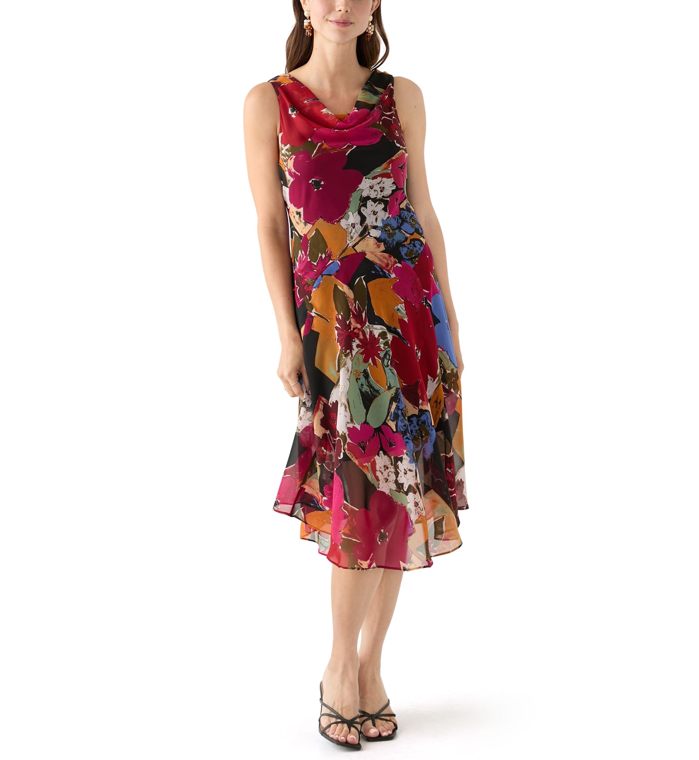 Womens Cowl Neck Floral Printed A-Line Dress