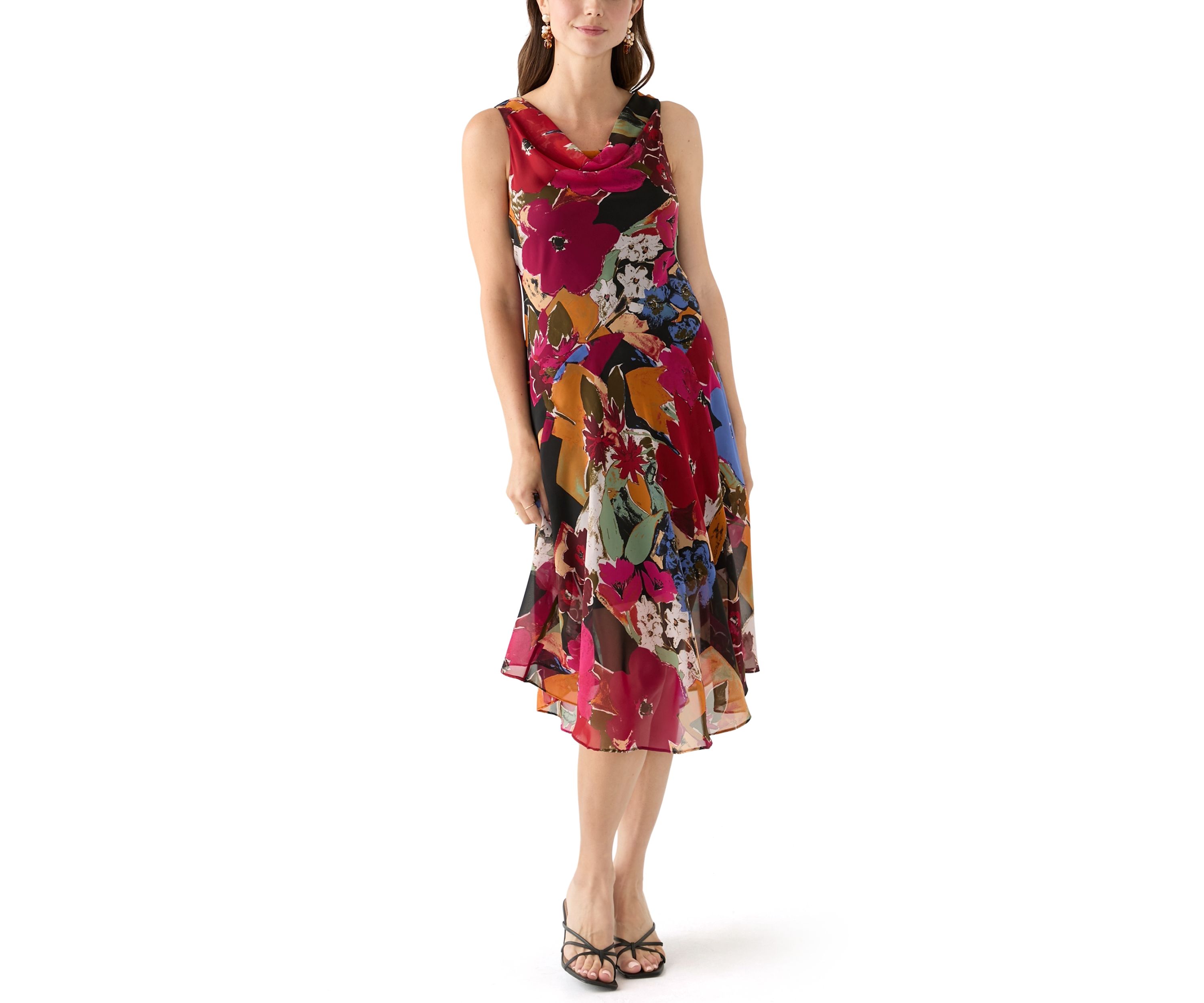 Womens Cowl Neck Floral Printed A-Line Dress