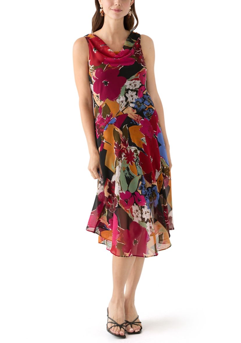 Womens Cowl Neck Floral Printed A-Line Dress