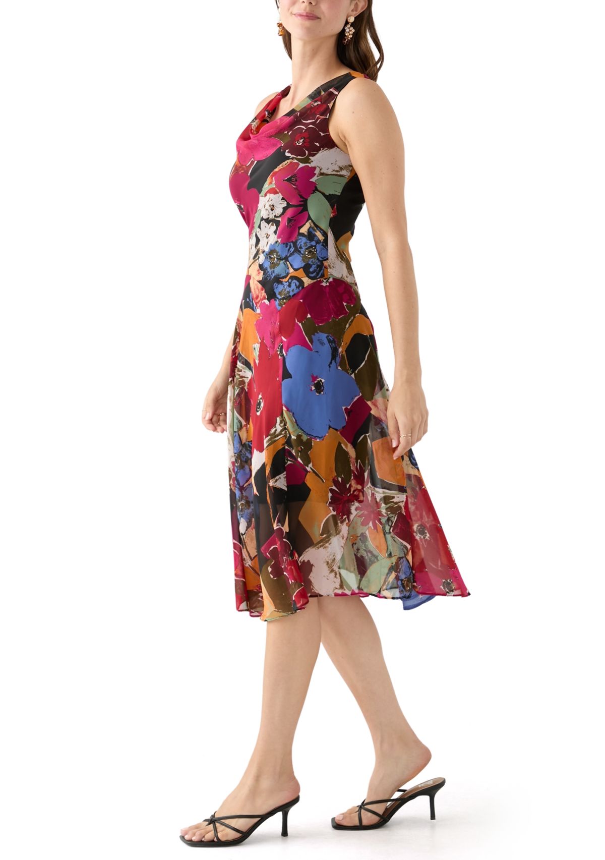 Womens Cowl Neck Floral Printed A-Line Dress