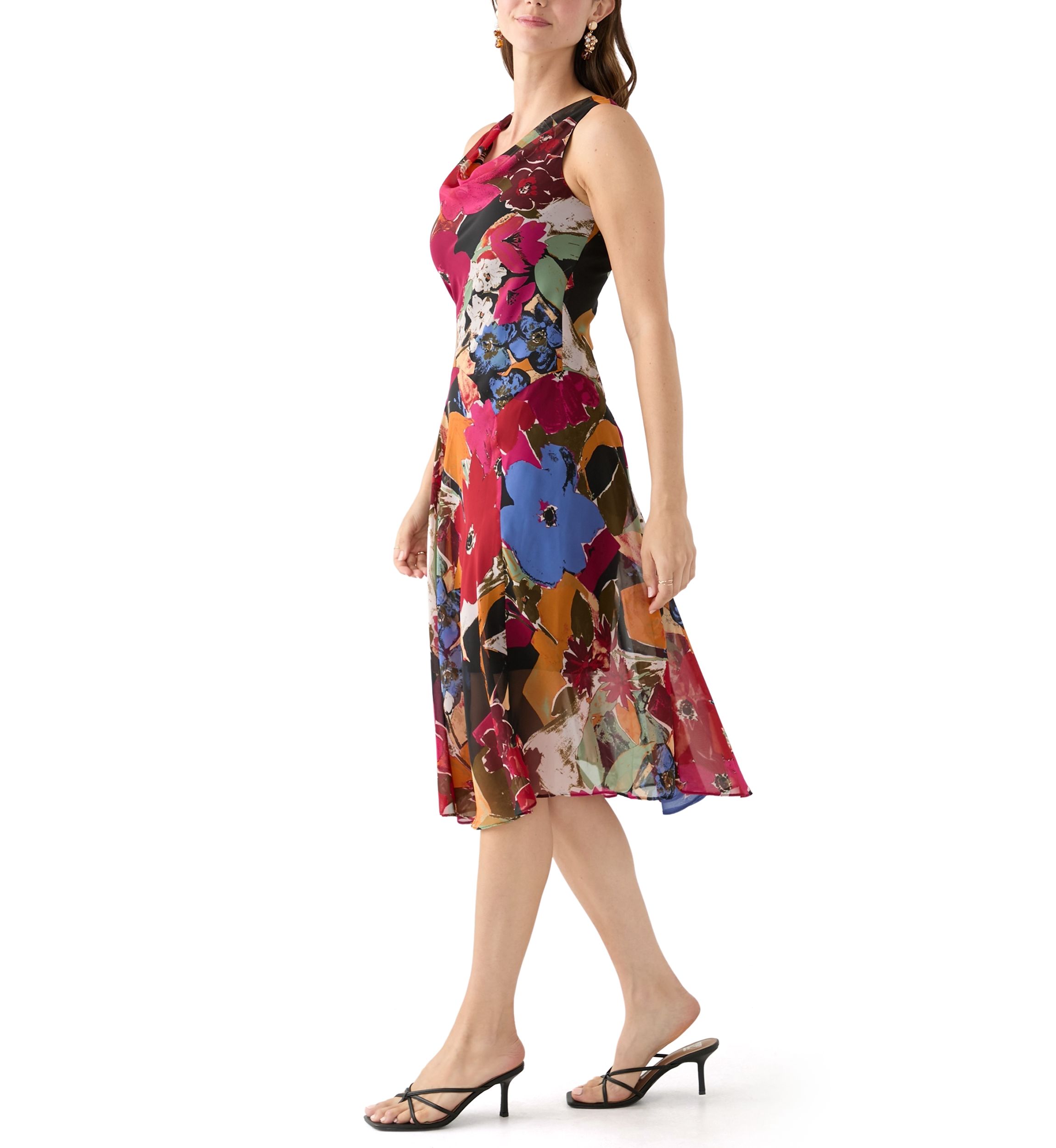 Womens Cowl Neck Floral Printed A-Line Dress