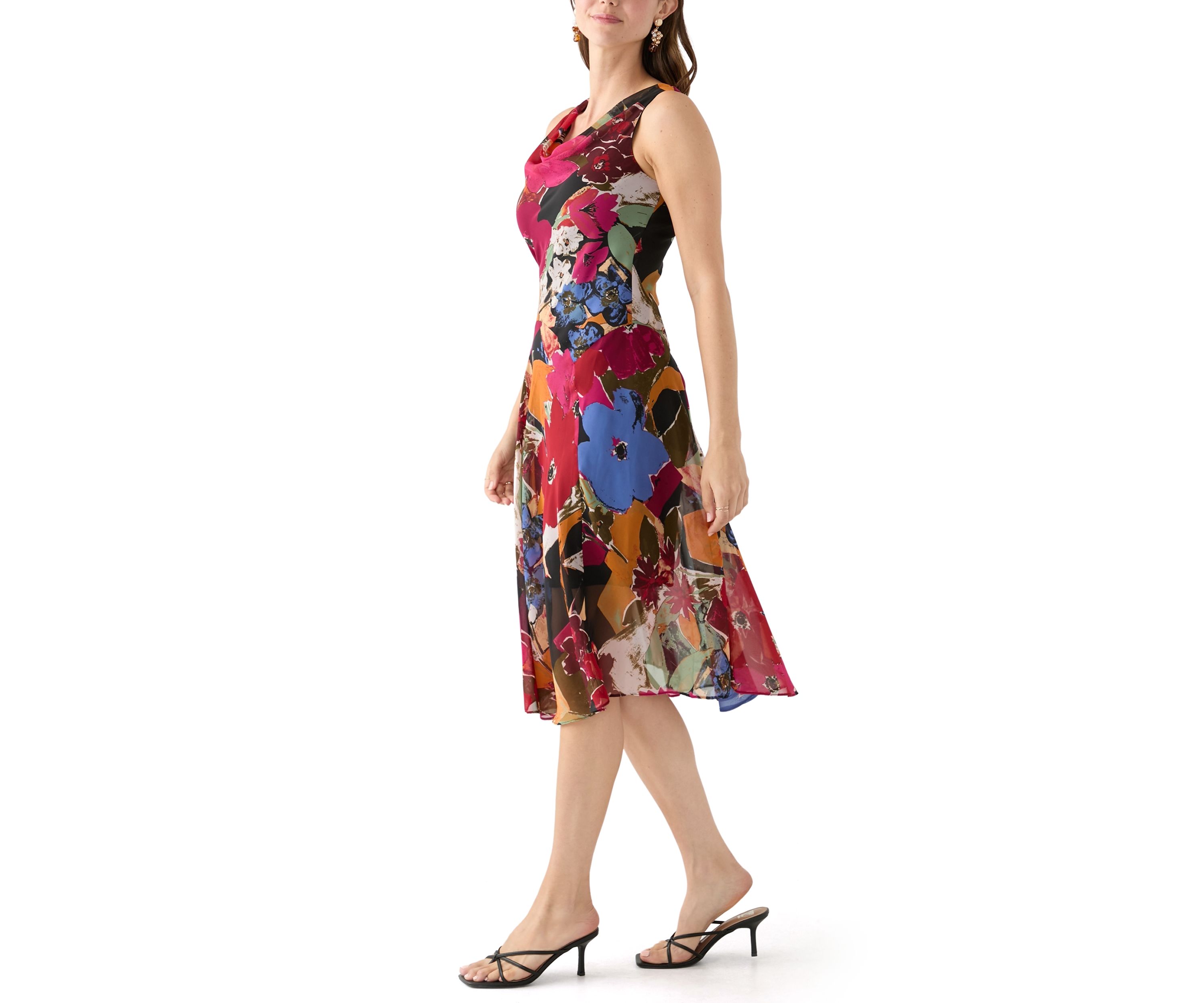 Womens Cowl Neck Floral Printed A-Line Dress