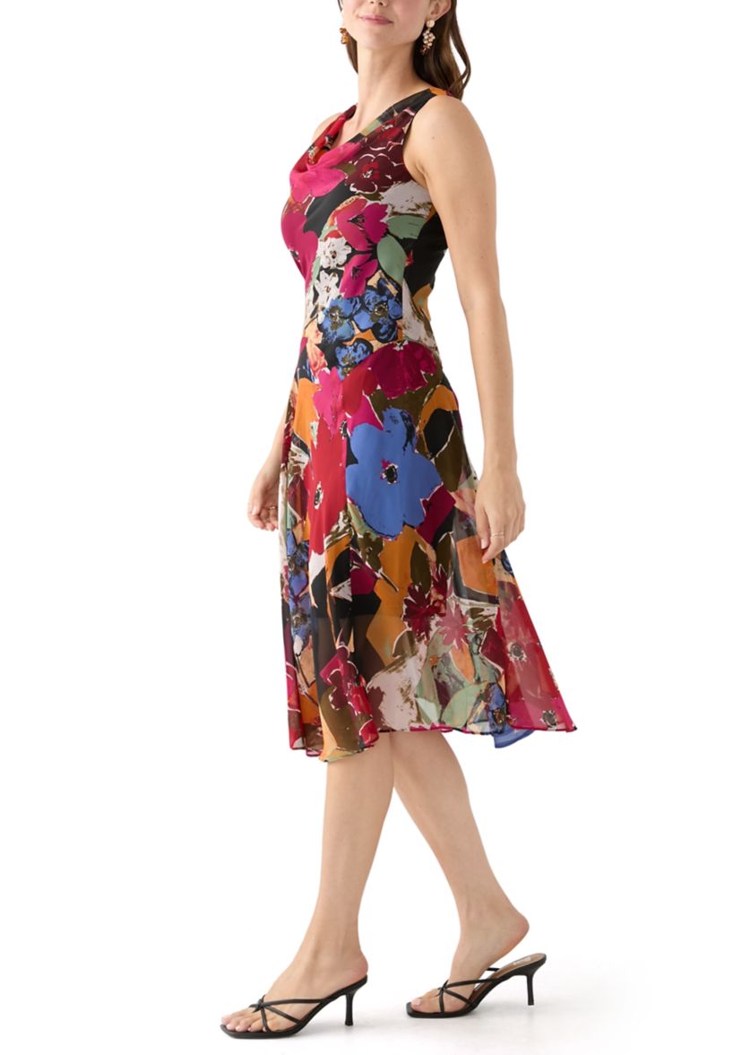 Womens Cowl Neck Floral Printed A-Line Dress