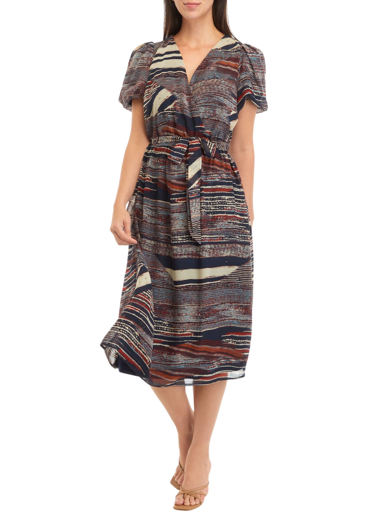 Womens Puff Sleeve Printed Tie Waist Fit and Flare Dress