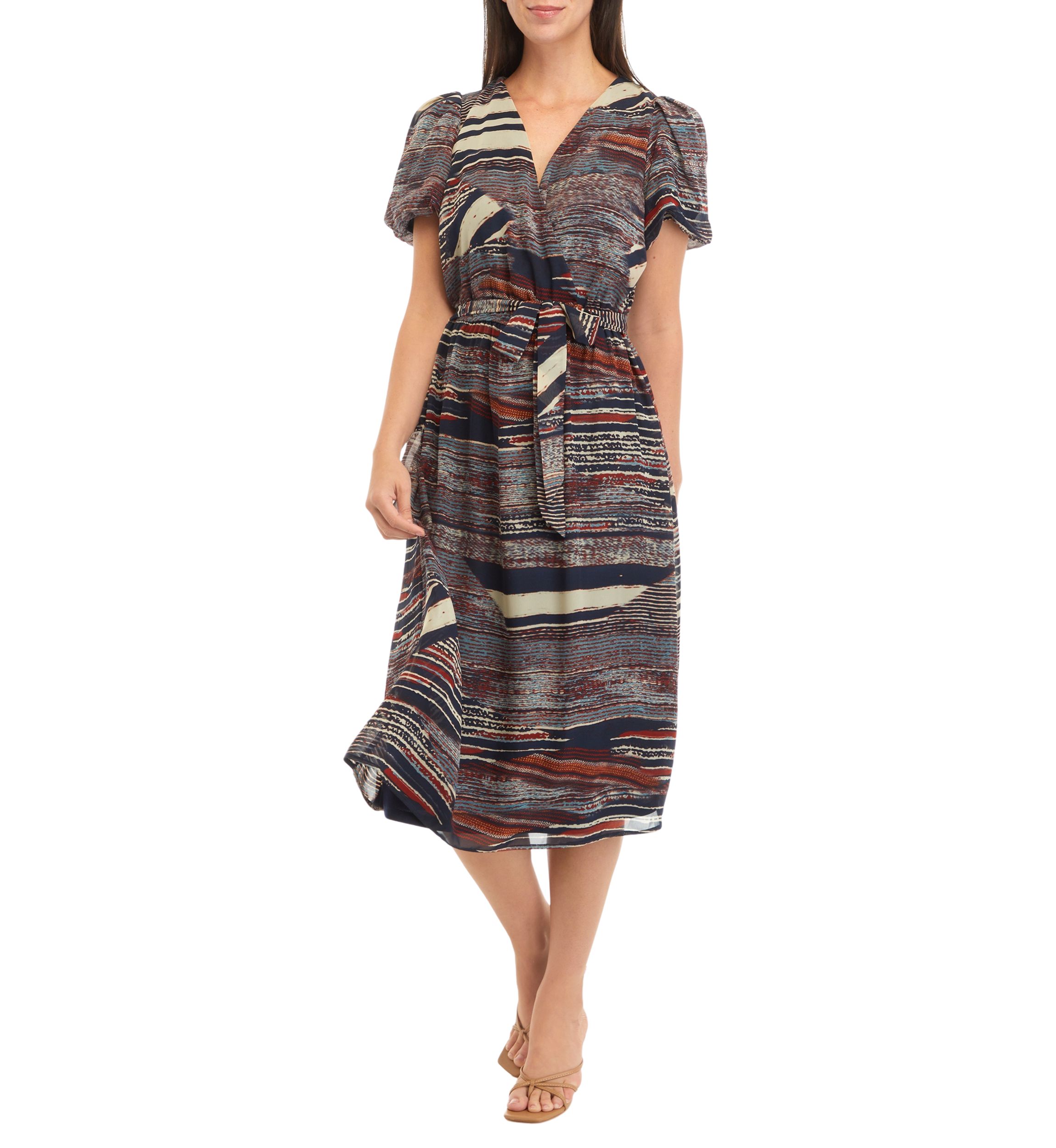 Womens Puff Sleeve Printed Tie Waist Fit and Flare Dress