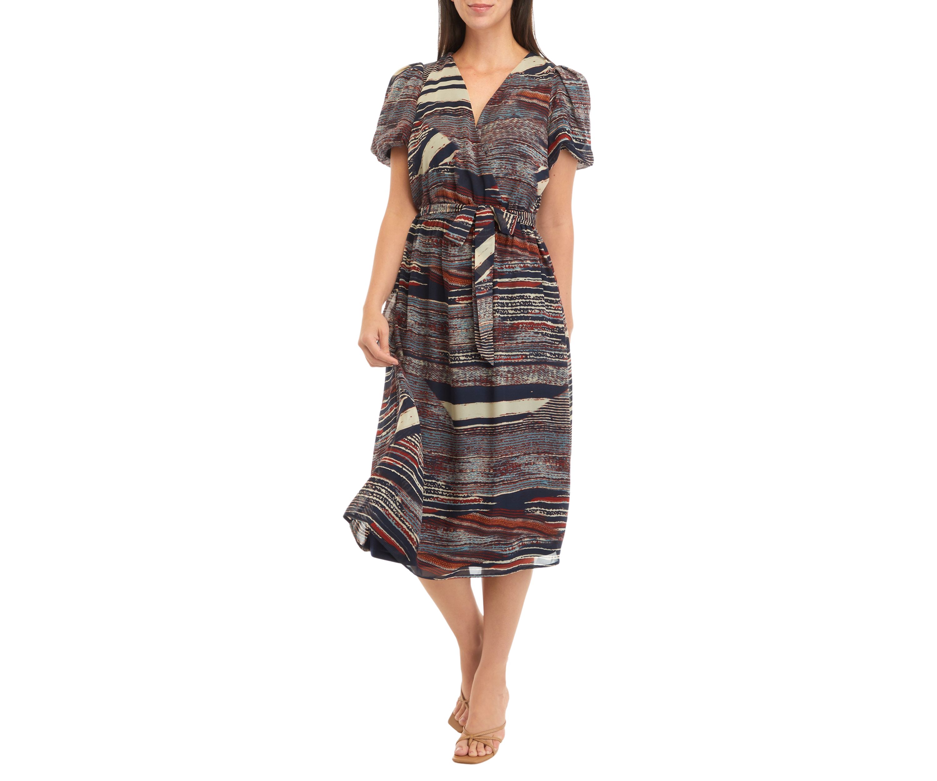 Womens Puff Sleeve Printed Tie Waist Fit and Flare Dress