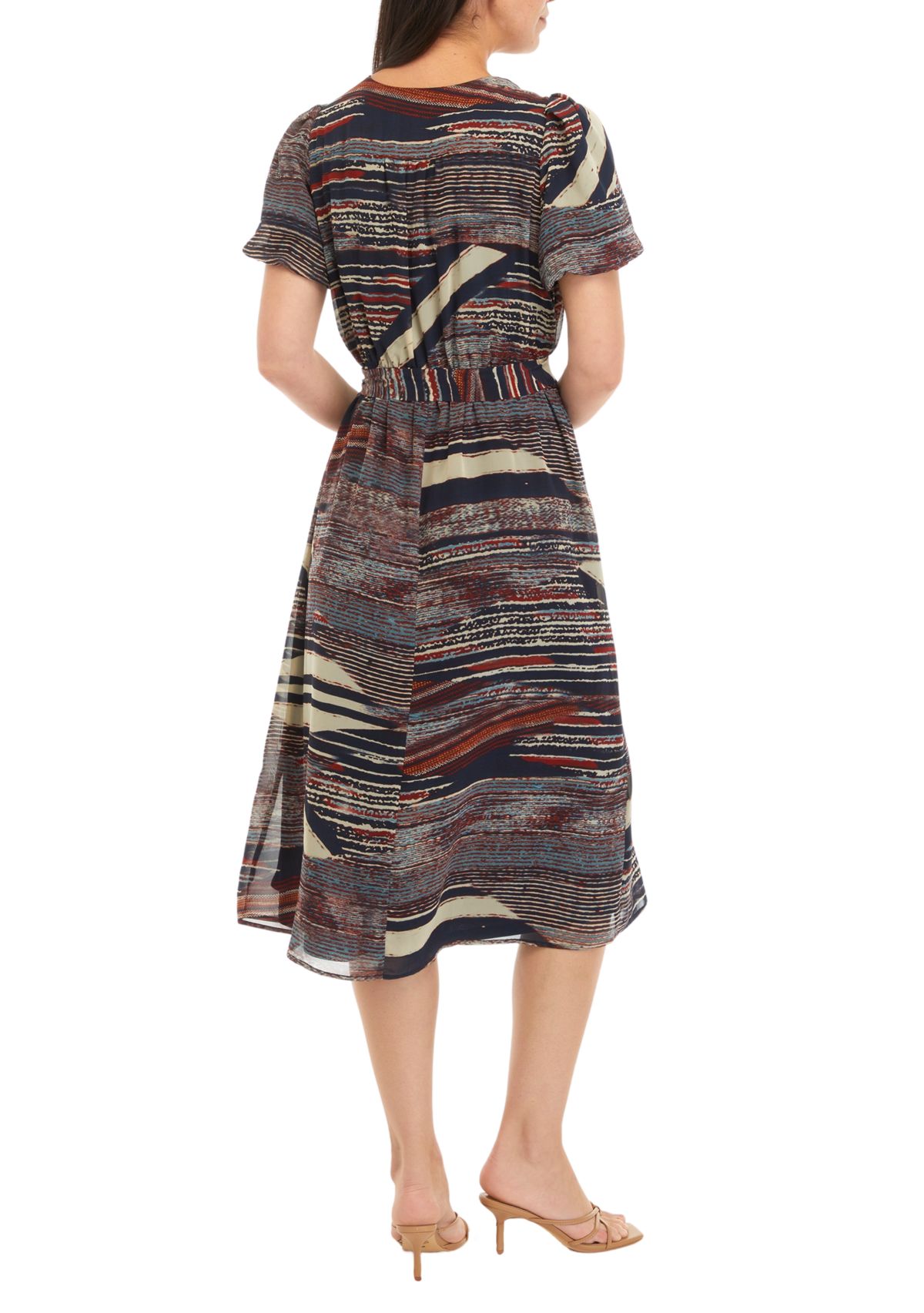 Womens Puff Sleeve Printed Tie Waist Fit and Flare Dress