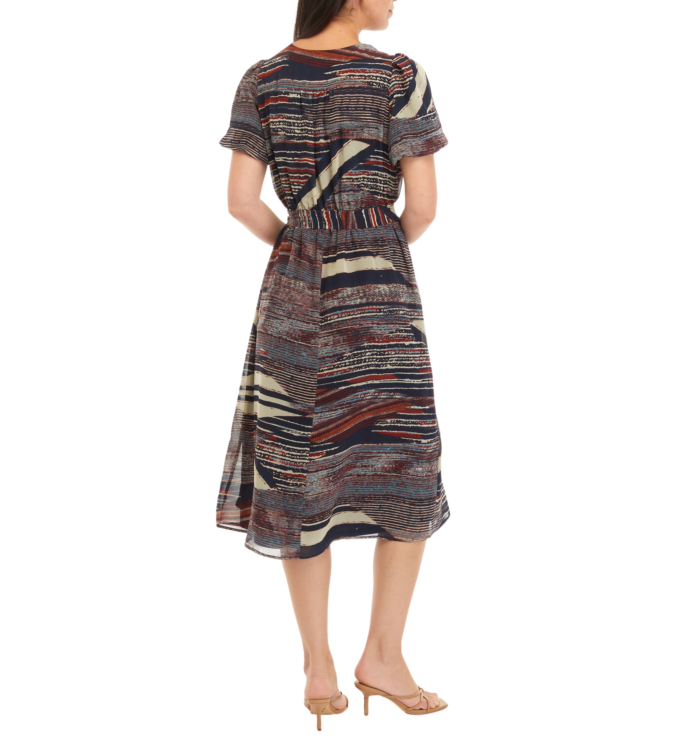 Womens Puff Sleeve Printed Tie Waist Fit and Flare Dress