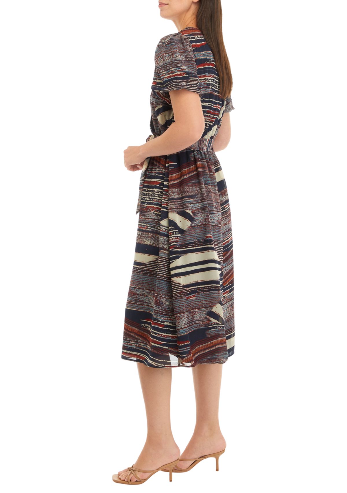Womens Puff Sleeve Printed Tie Waist Fit and Flare Dress