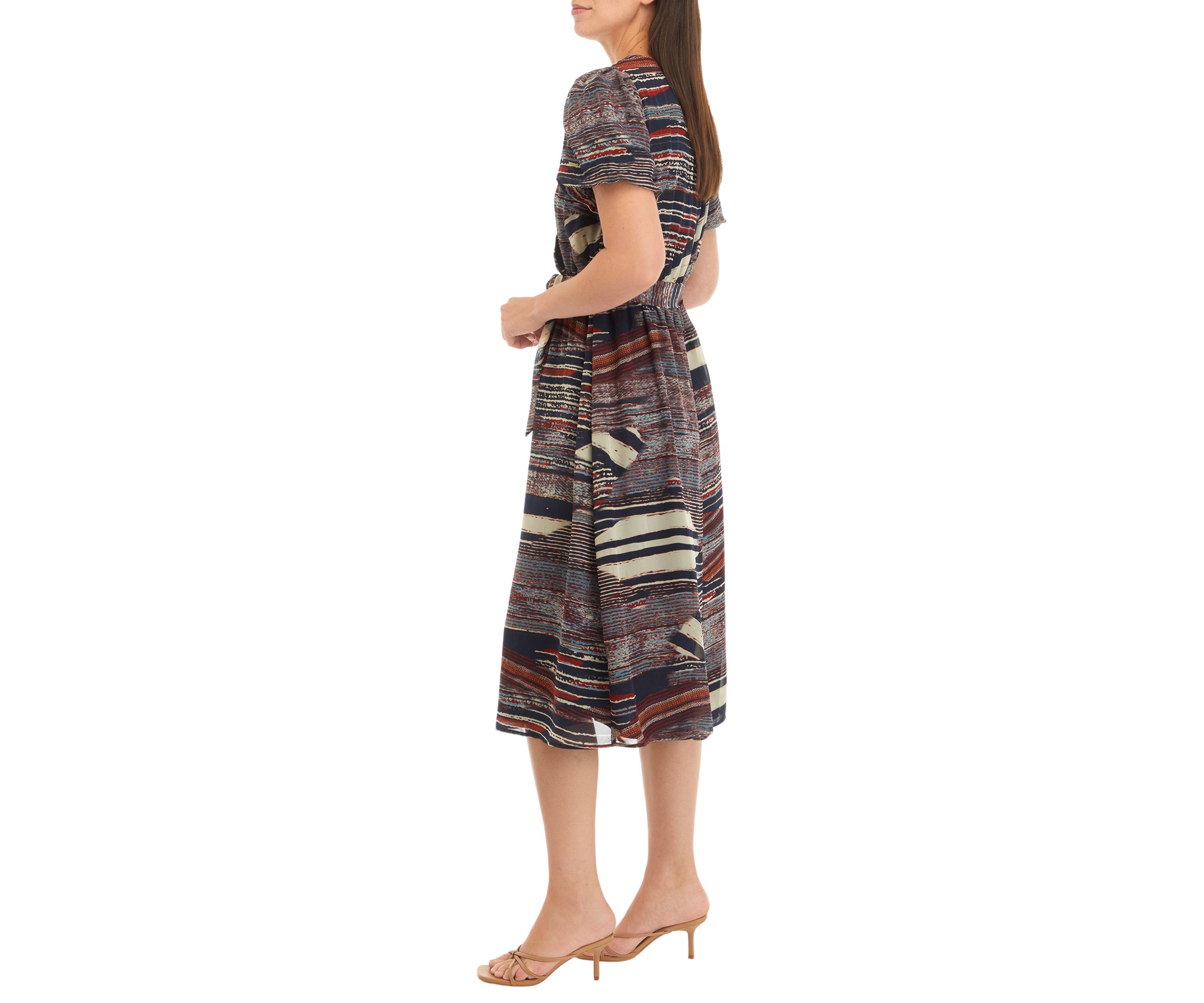 Womens Puff Sleeve Printed Tie Waist Fit and Flare Dress