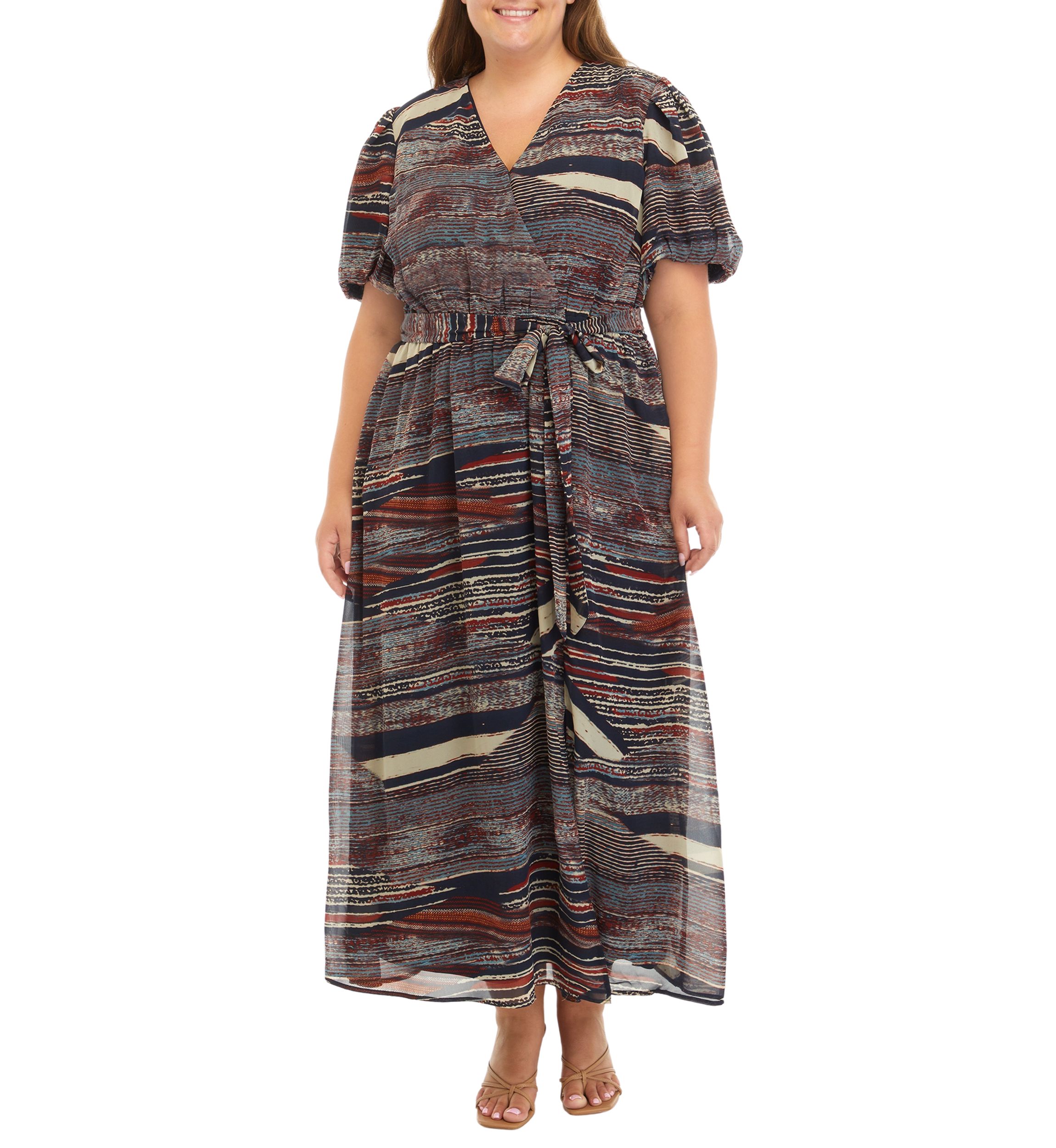   Plus Size Puff Sleeve Printed Tie Waist Fit and Flare Dress 